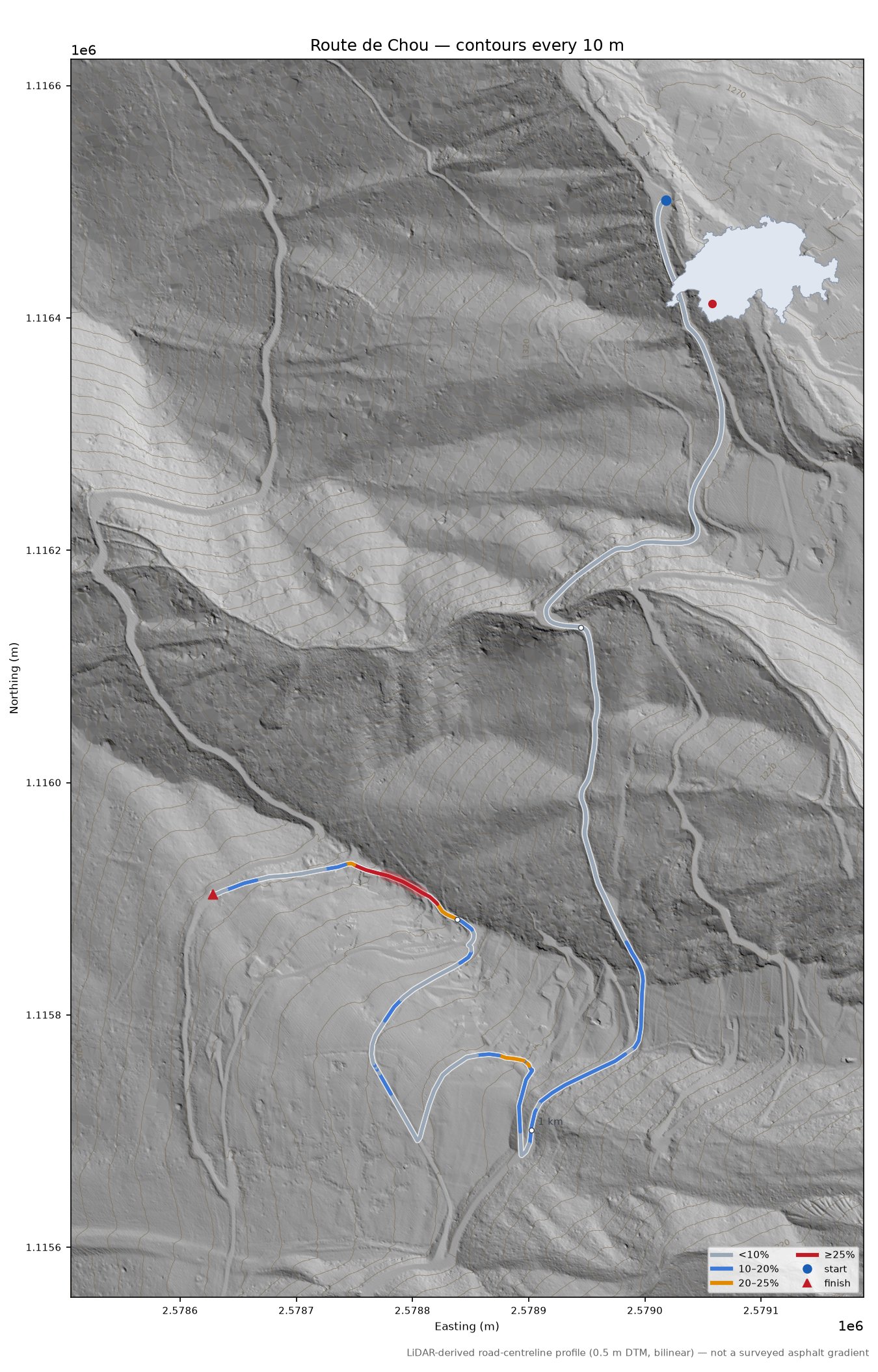 Route de Chou LiDAR hillshade map with contours
