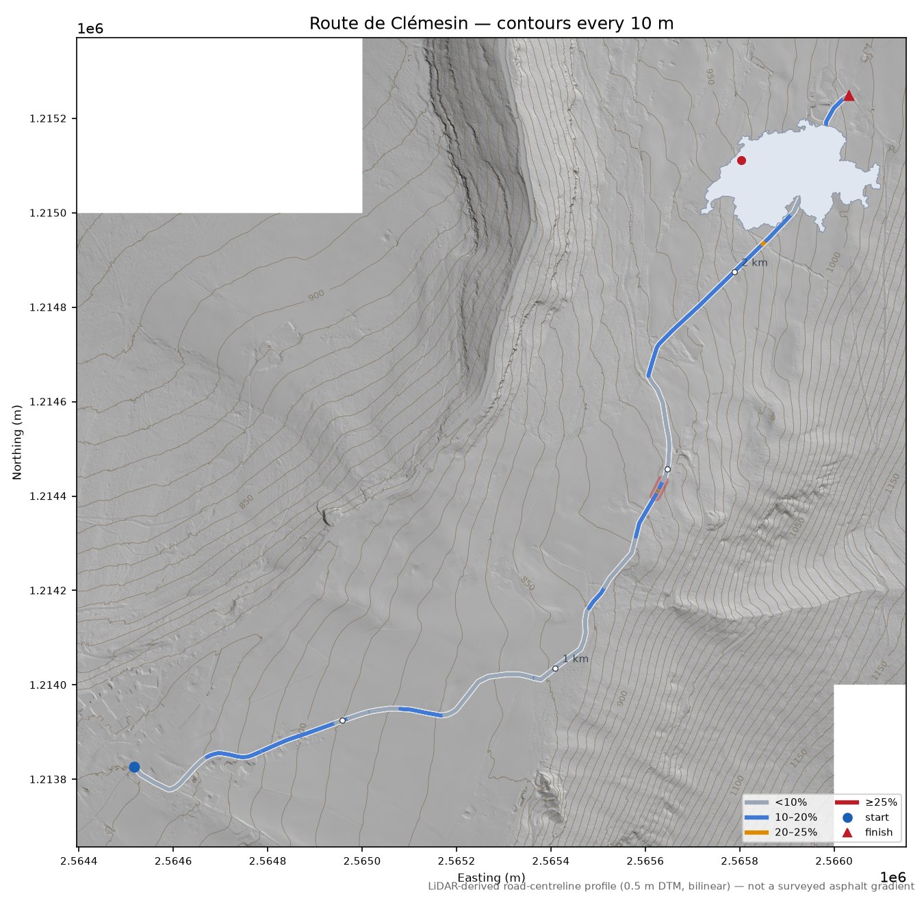 Route de Clémesin LiDAR hillshade map with contours