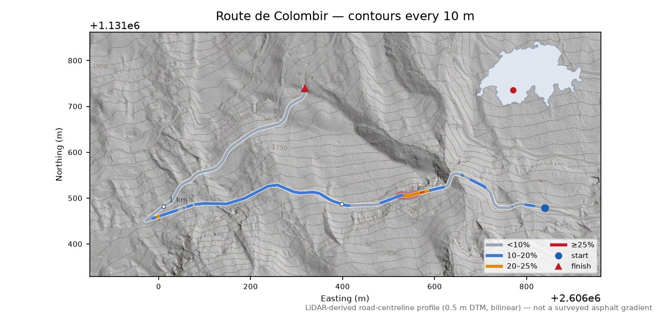 Route de Colombir LiDAR hillshade map with contours