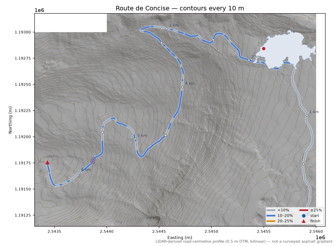Route de Concise LiDAR hillshade map with contours