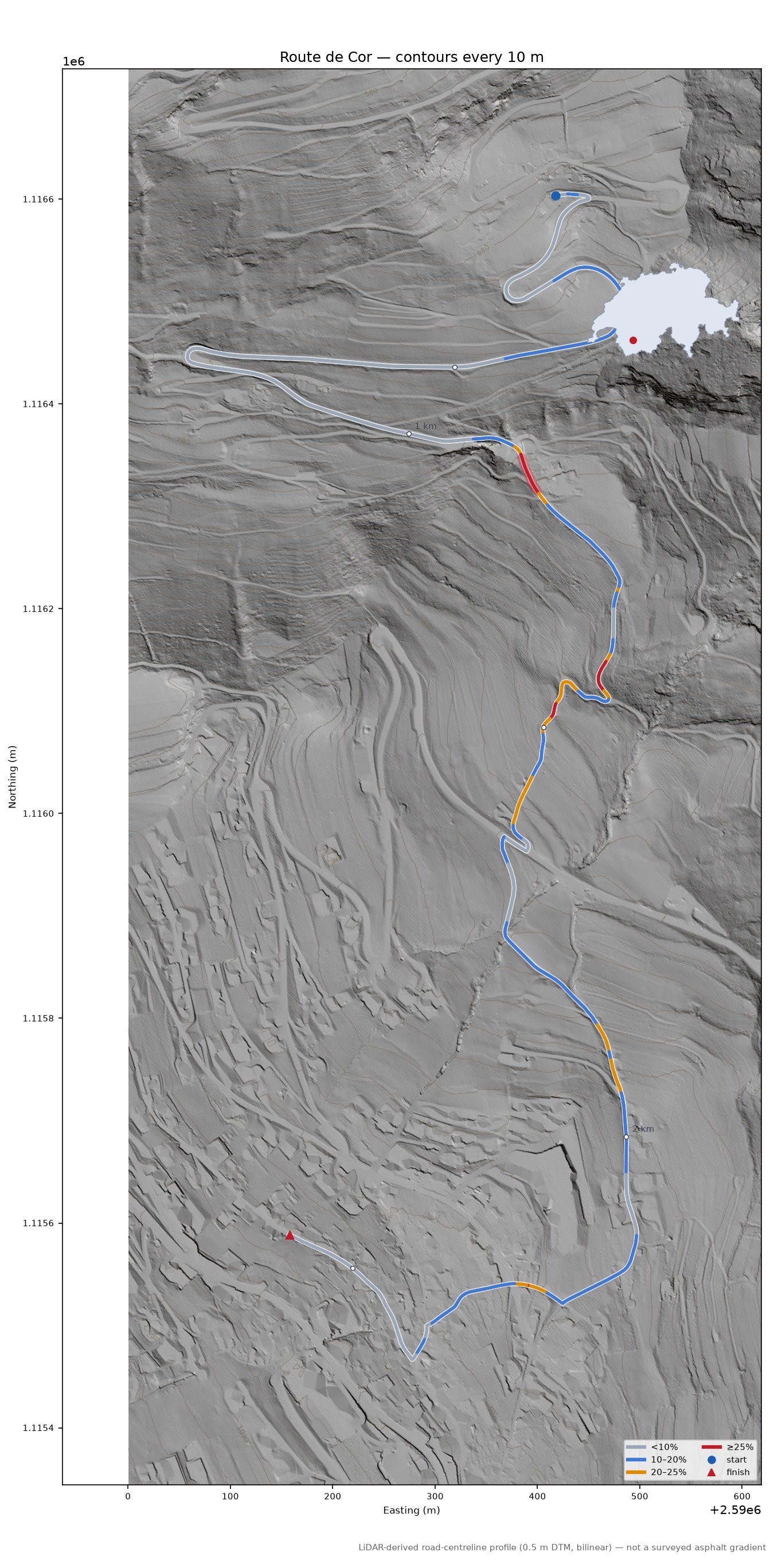 Route de Cor LiDAR hillshade map with contours