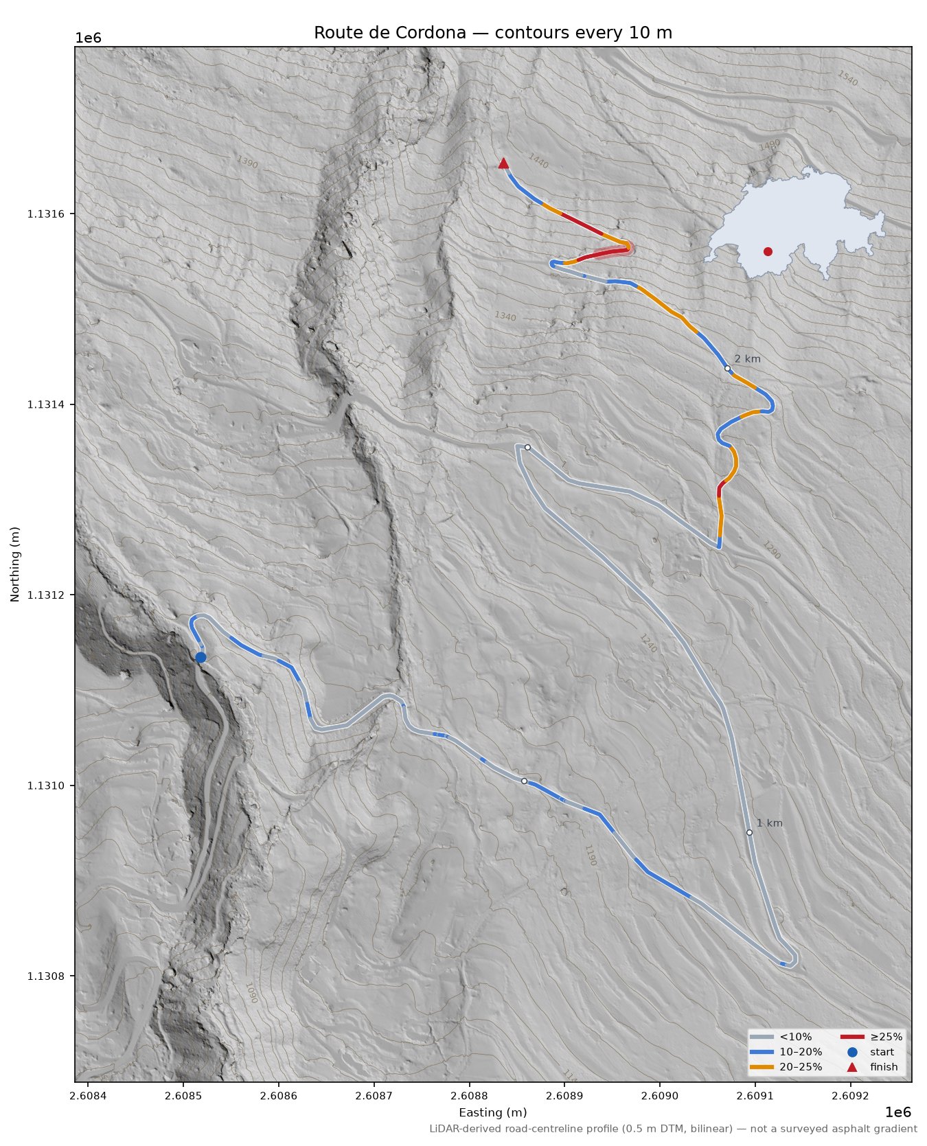 Route de Cordona LiDAR hillshade map with contours