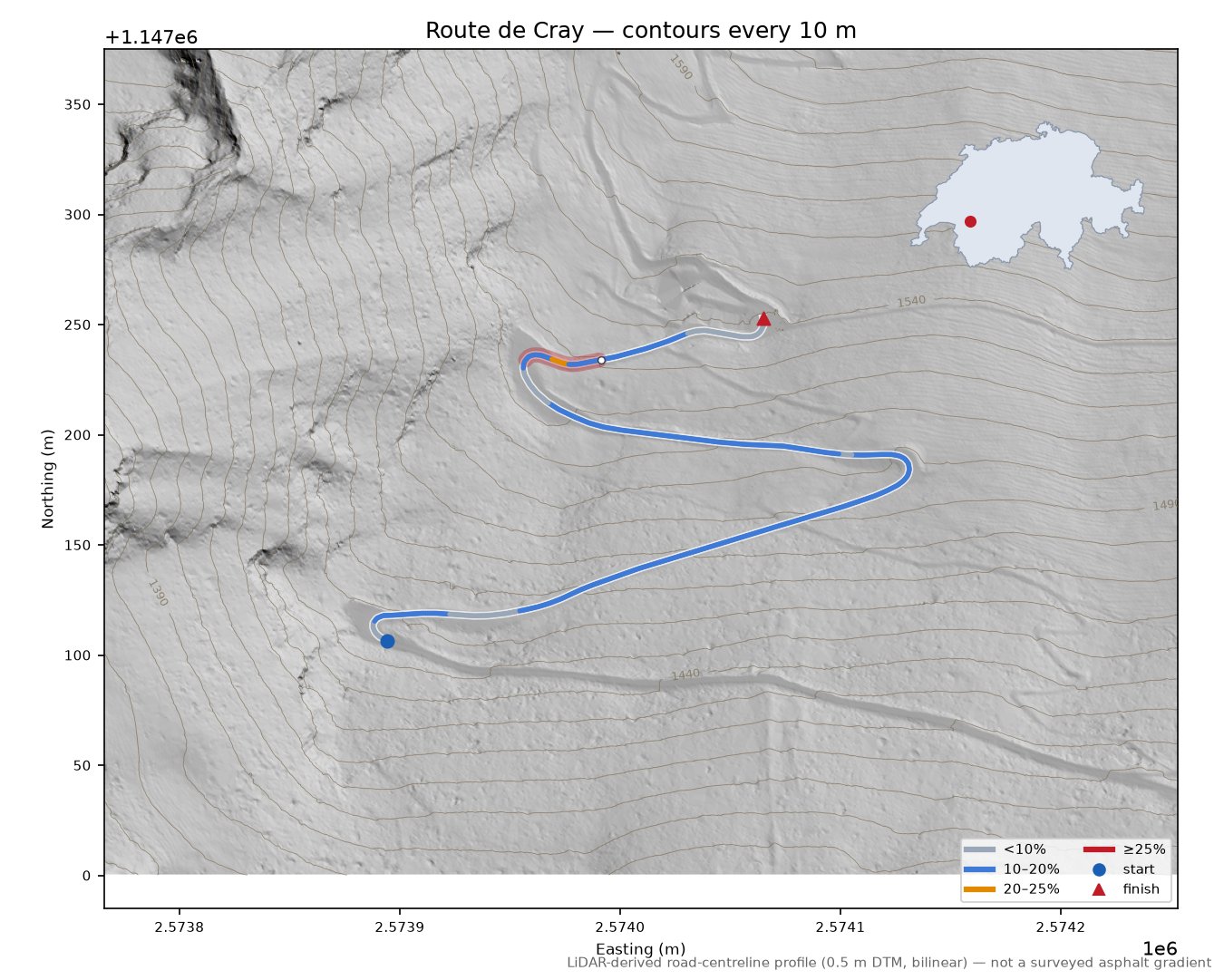 Route de Cray LiDAR hillshade map with contours