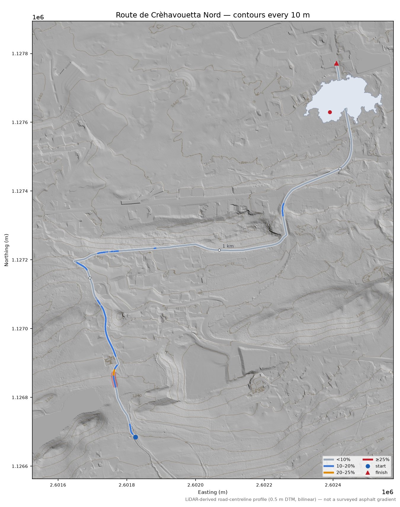 Route de Crèhavouetta Nord LiDAR hillshade map with contours