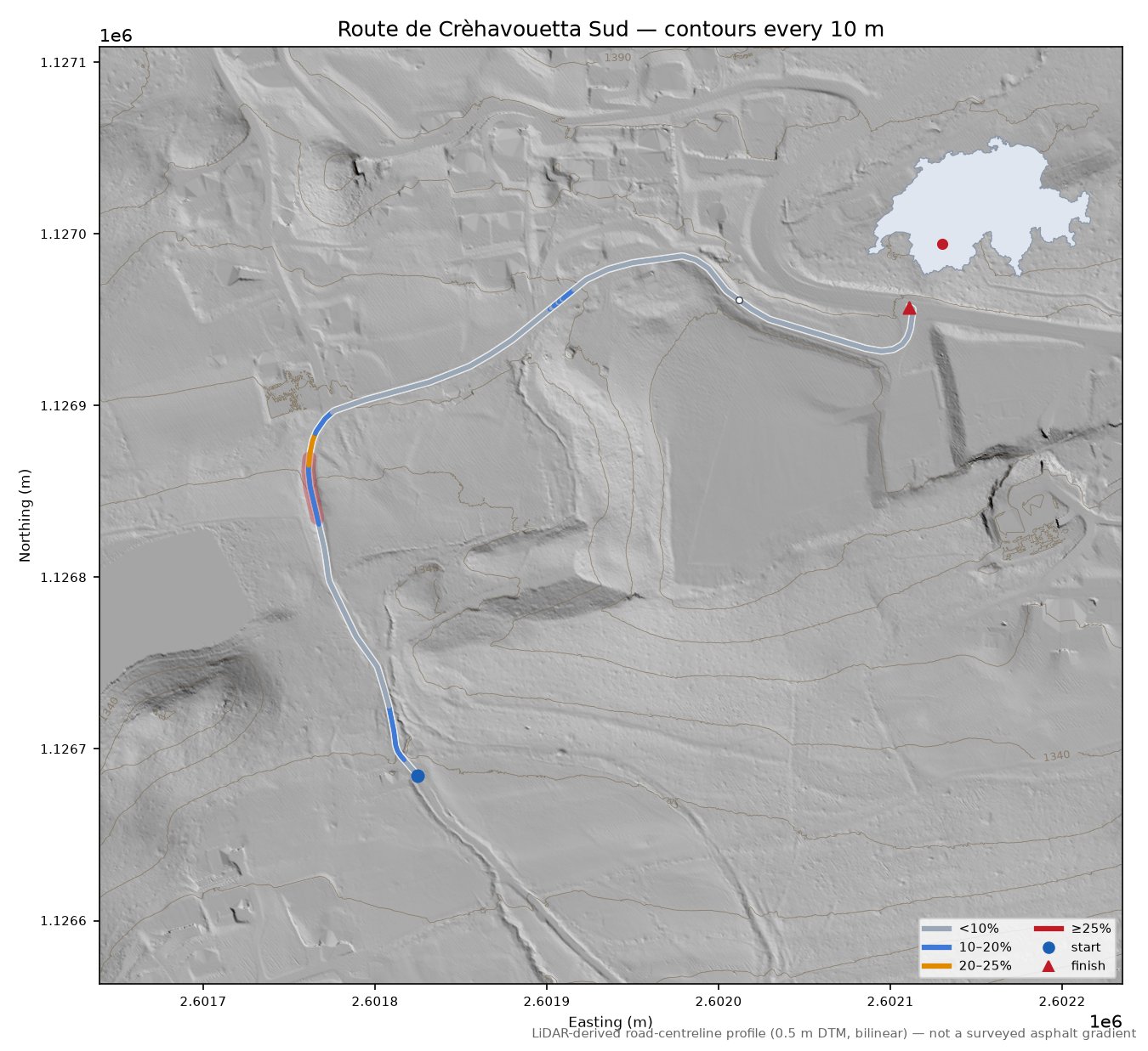 Route de Crèhavouetta Sud LiDAR hillshade map with contours