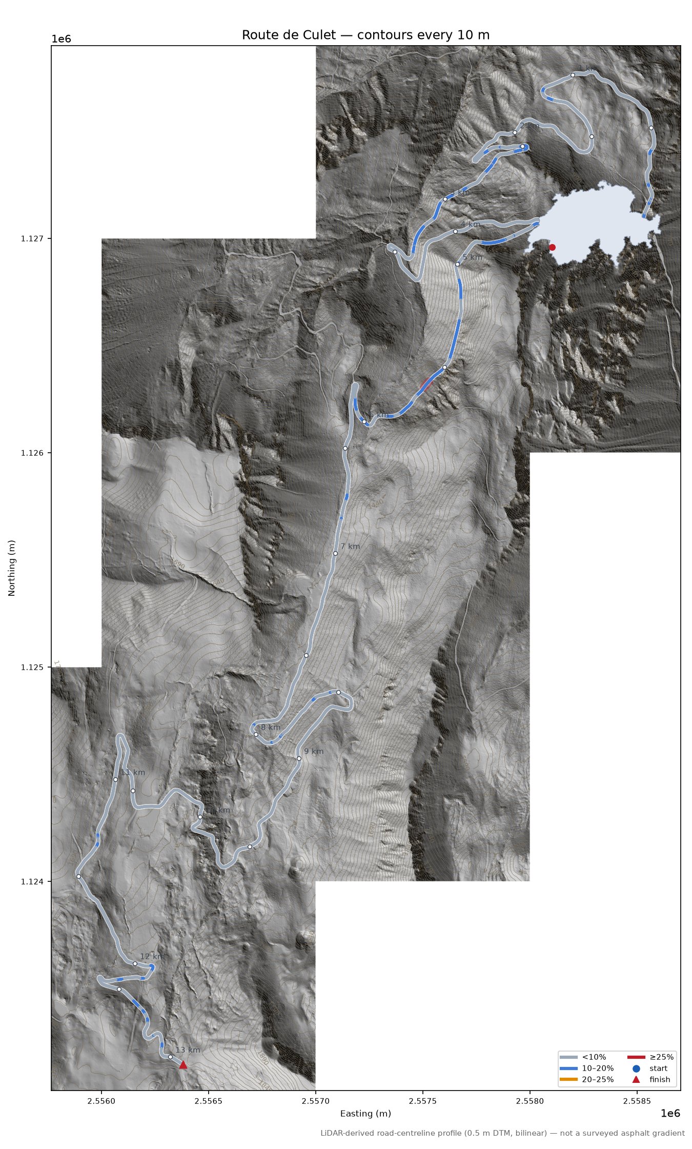 Route de Culet LiDAR hillshade map with contours