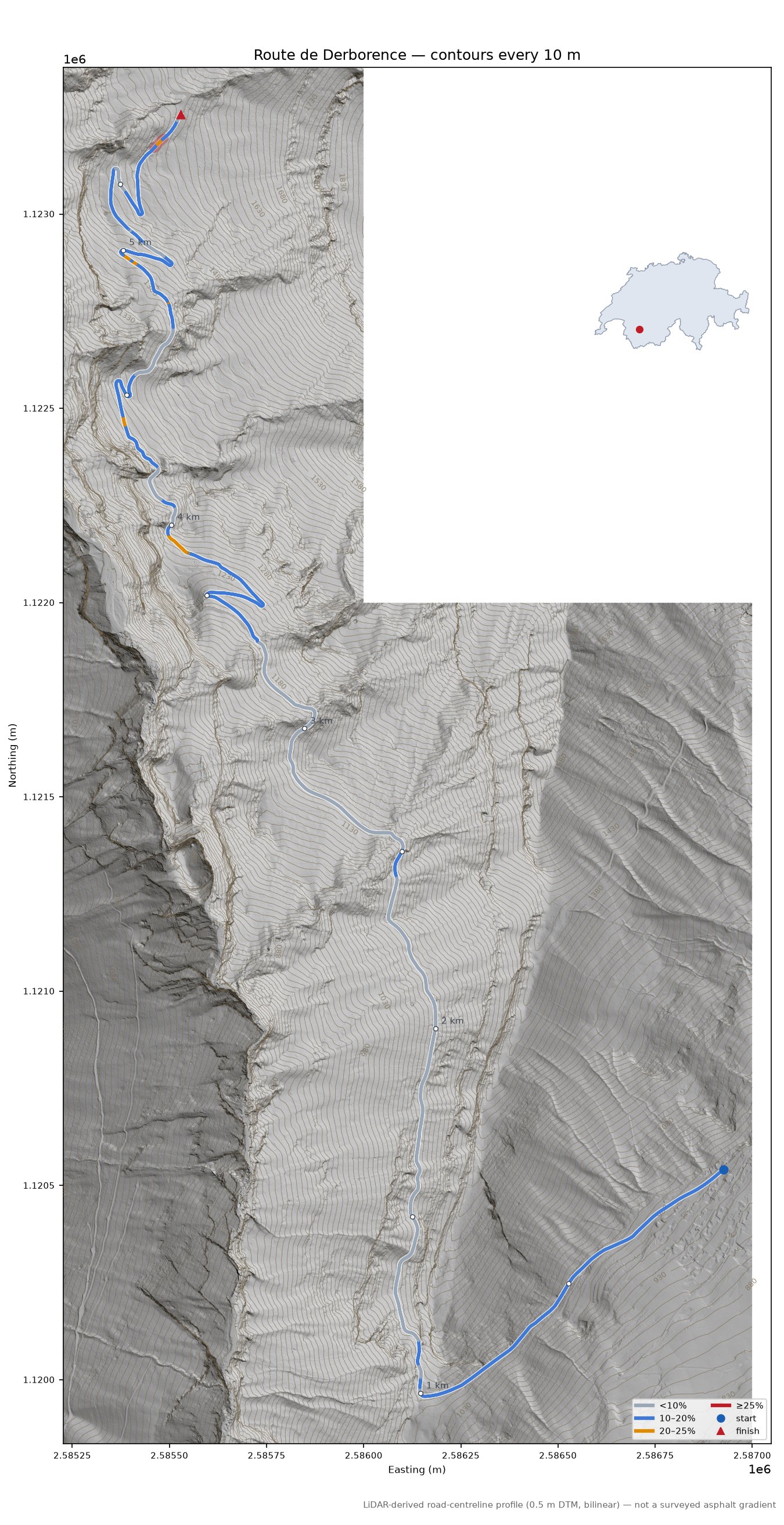 Route de Derborence LiDAR hillshade map with contours