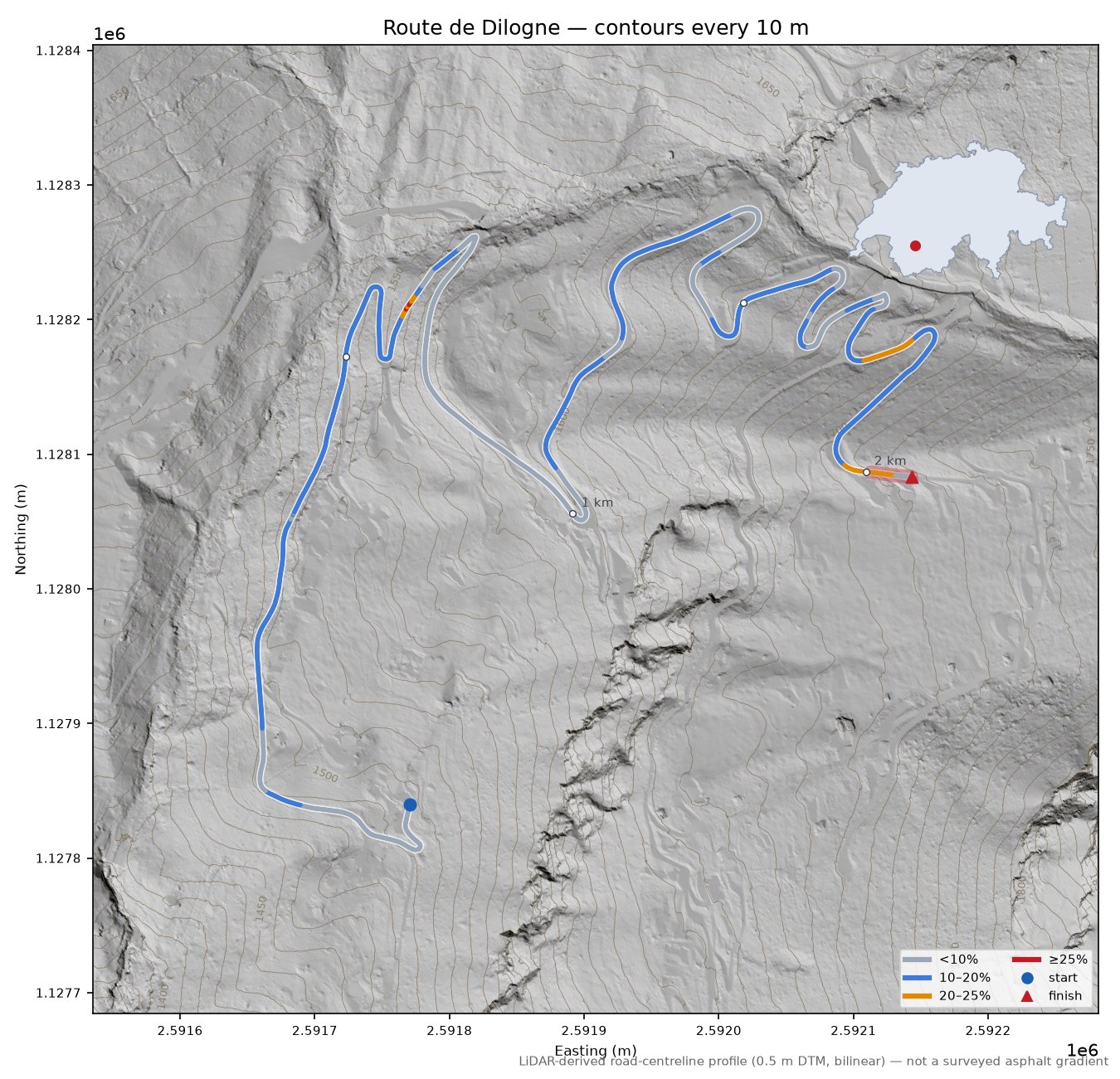 Route de Dilogne LiDAR hillshade map with contours