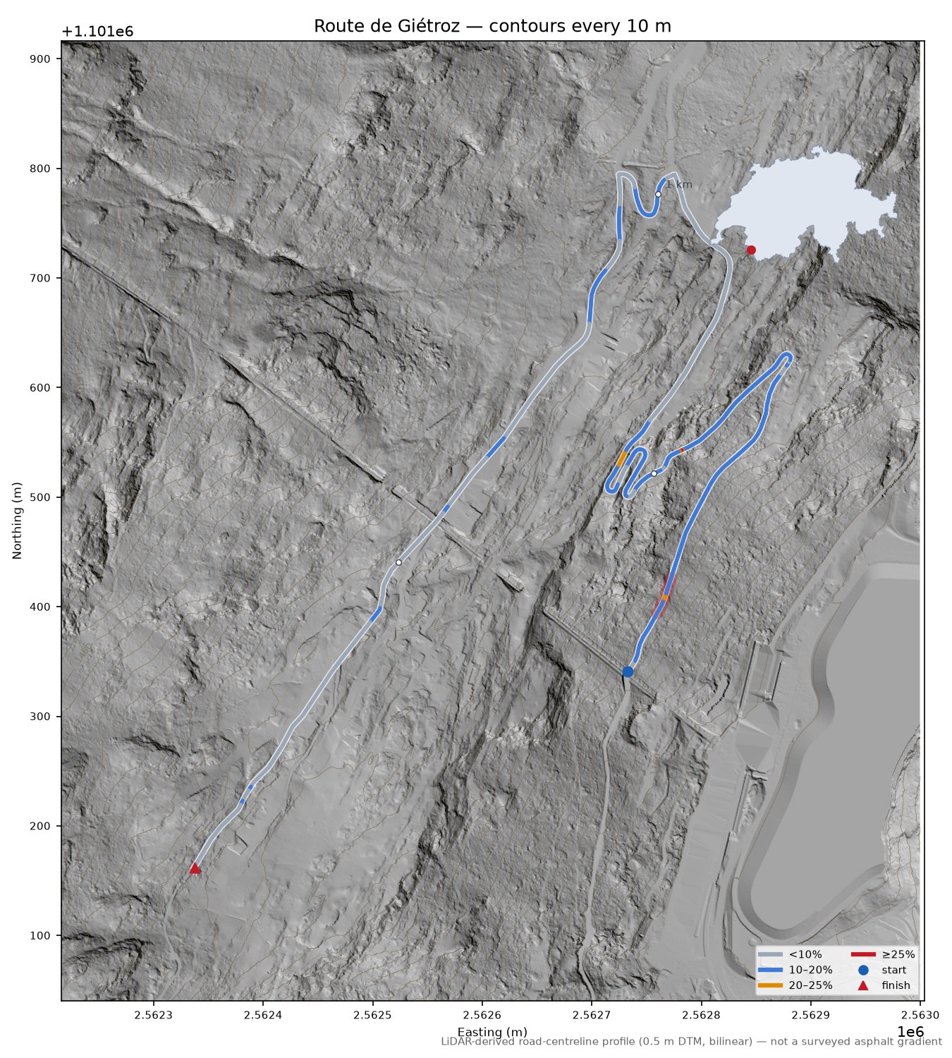 Route de Giétroz LiDAR hillshade map with contours