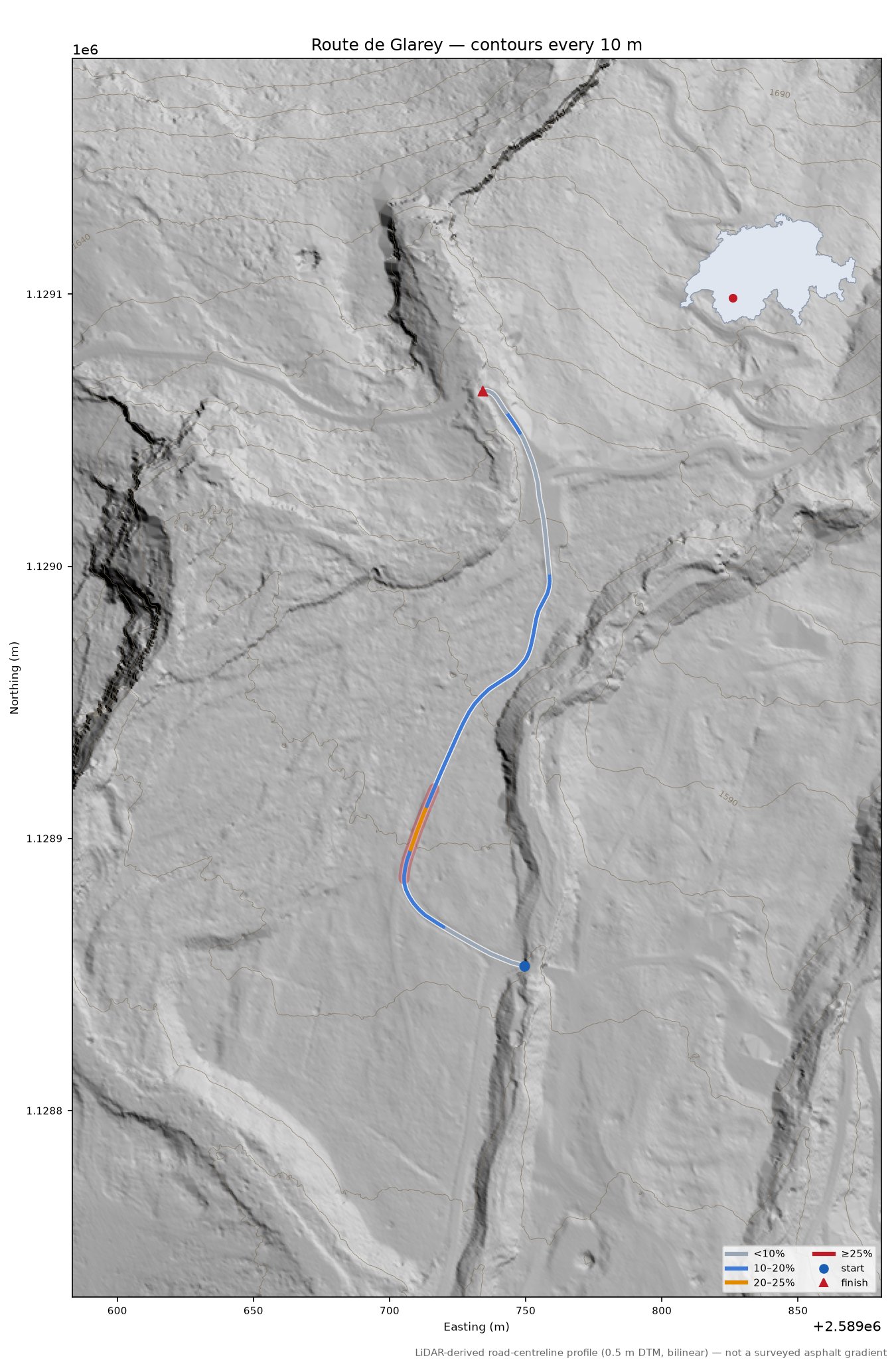 Route de Glarey LiDAR hillshade map with contours