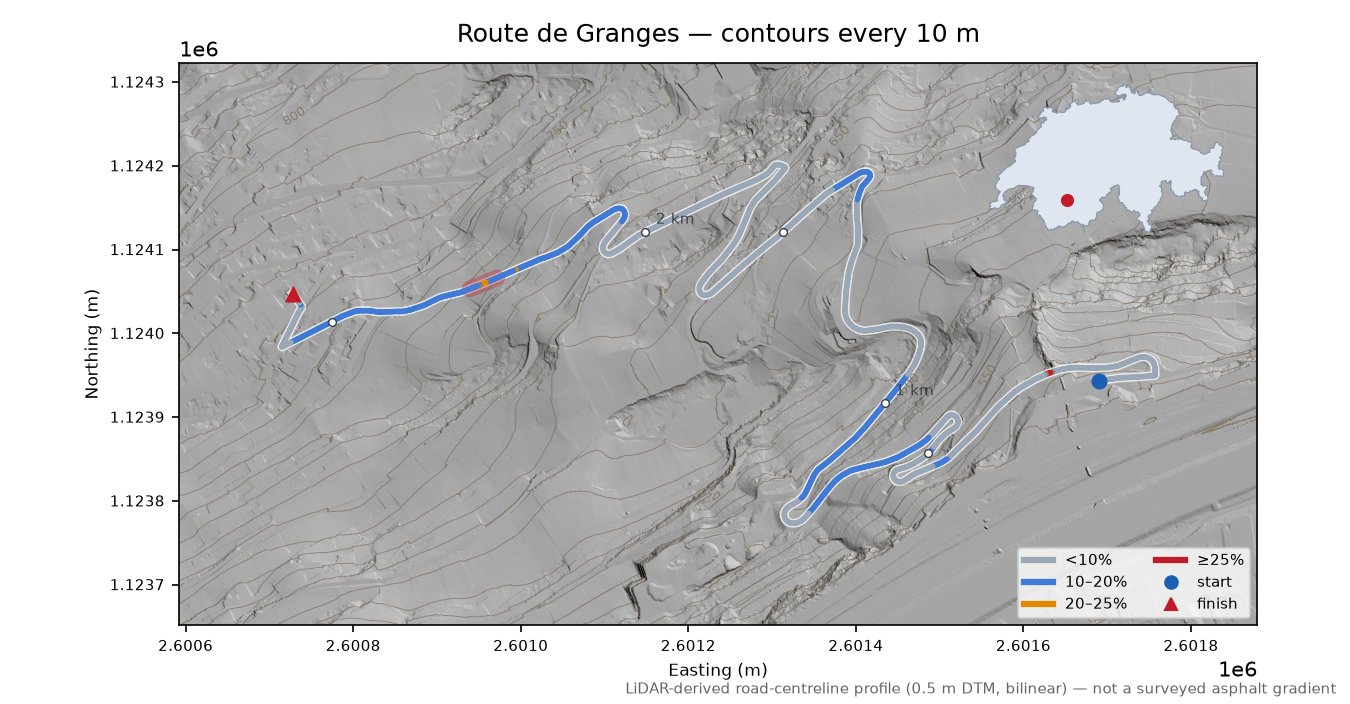 Route de Granges LiDAR hillshade map with contours
