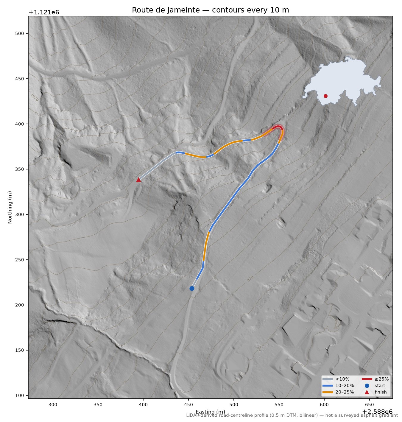 Route de Jameinte LiDAR hillshade map with contours