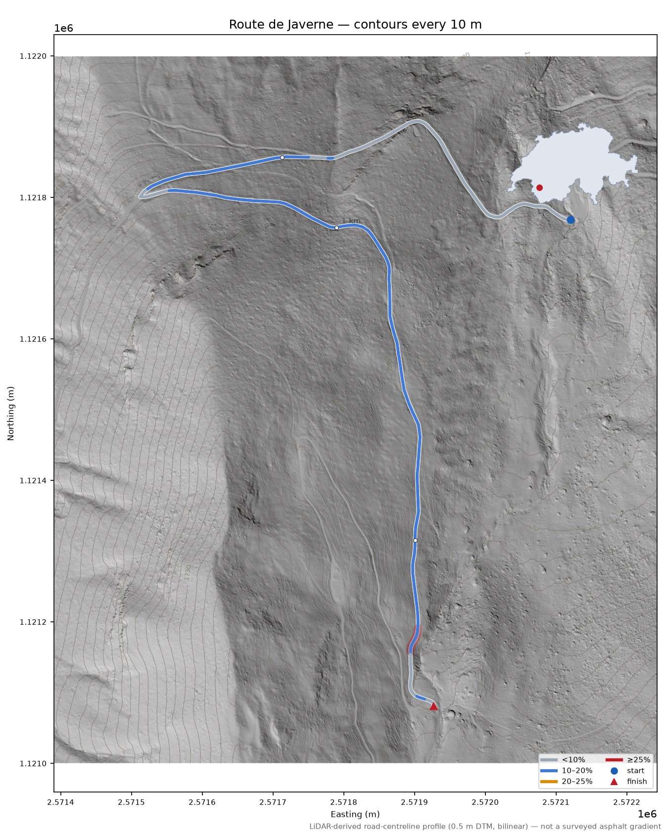 Route de Javerne LiDAR hillshade map with contours