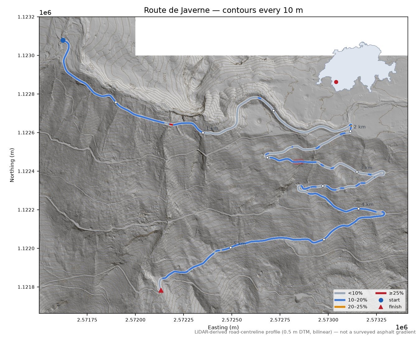 Route de Javerne LiDAR hillshade map with contours