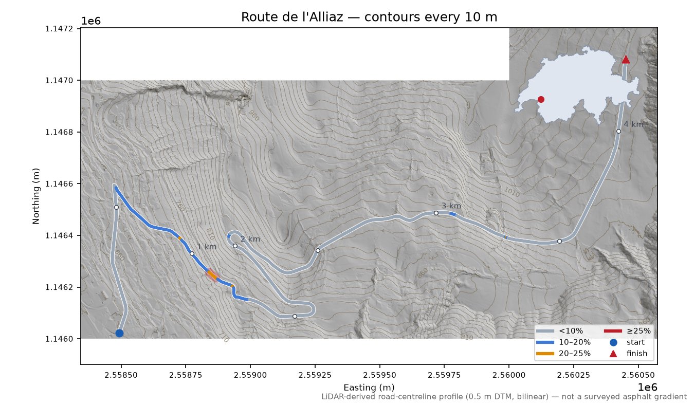 Route de l'Alliaz LiDAR hillshade map with contours