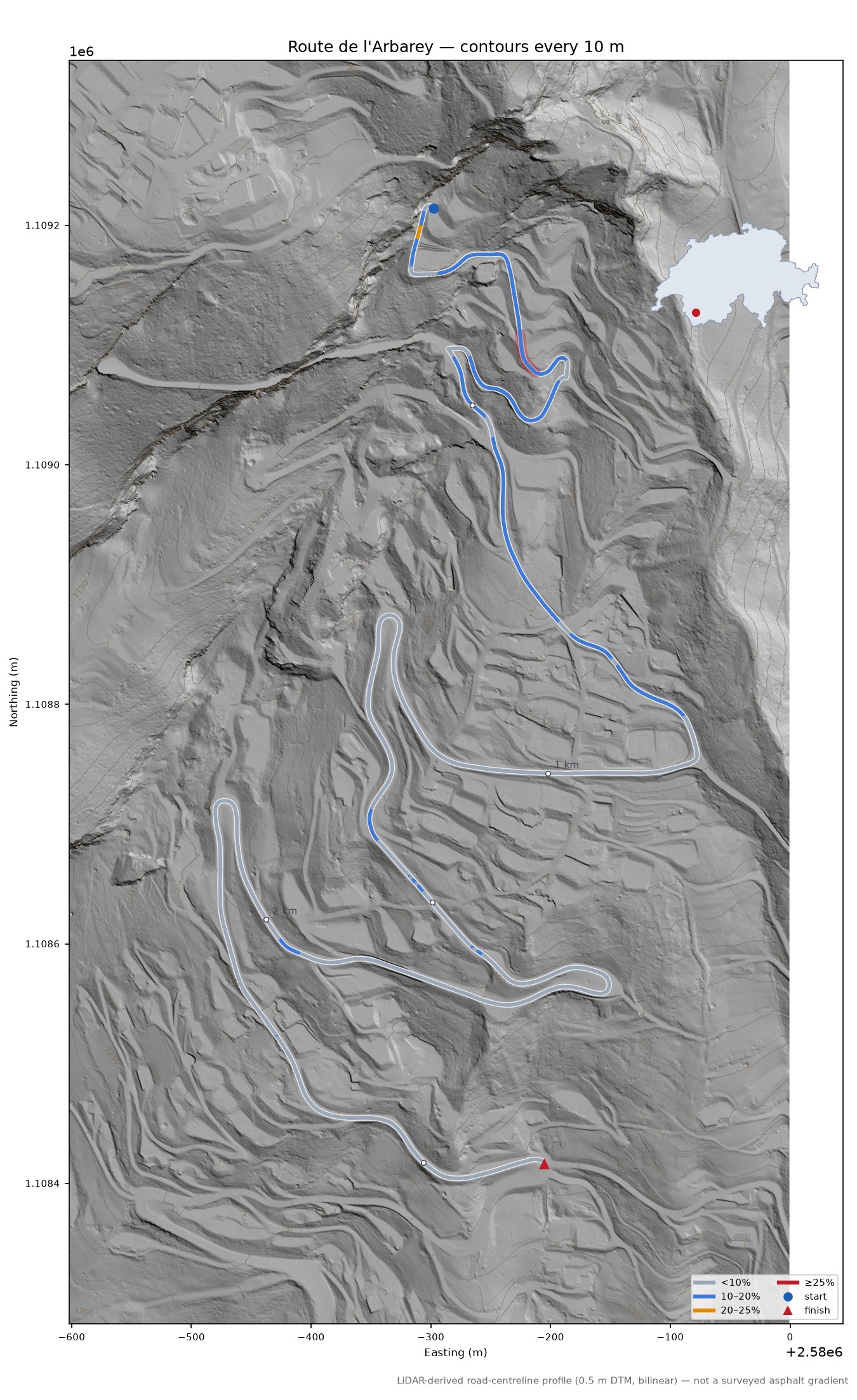 Route de l'Arbarey LiDAR hillshade map with contours