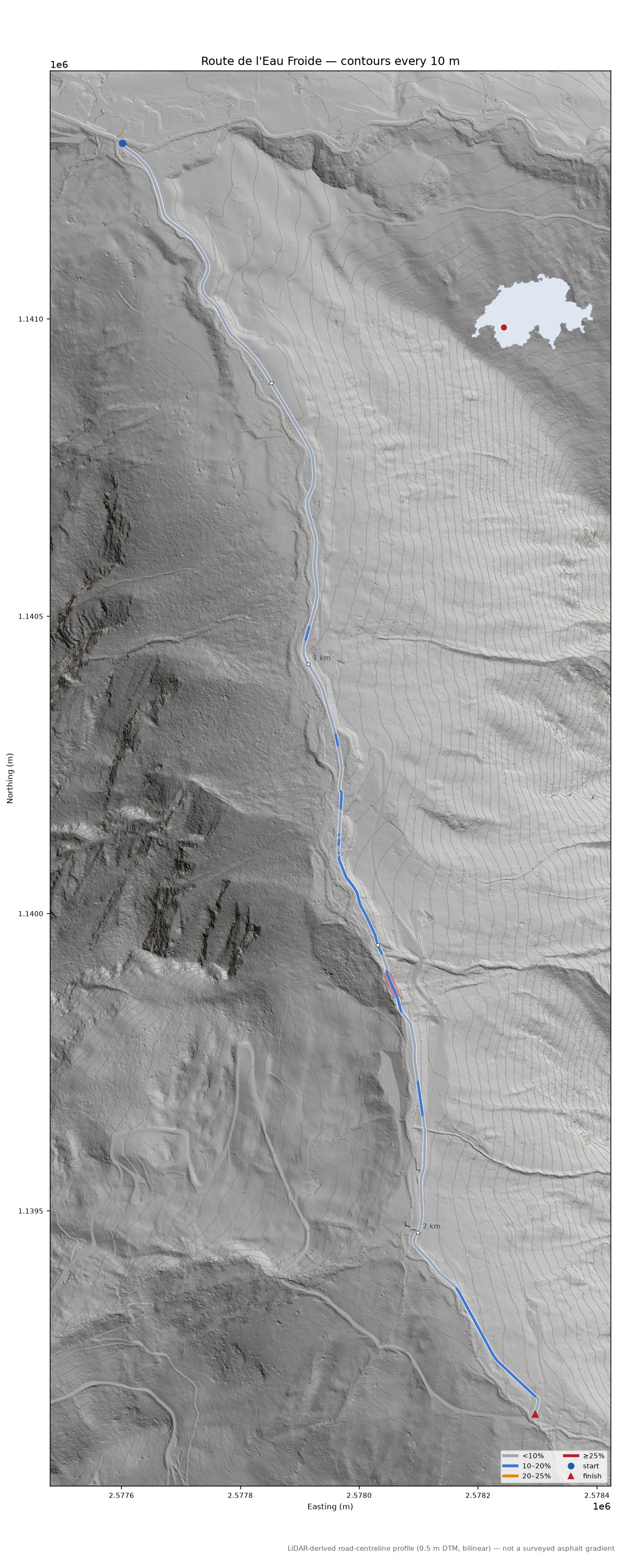 Route de l'Eau Froide LiDAR hillshade map with contours