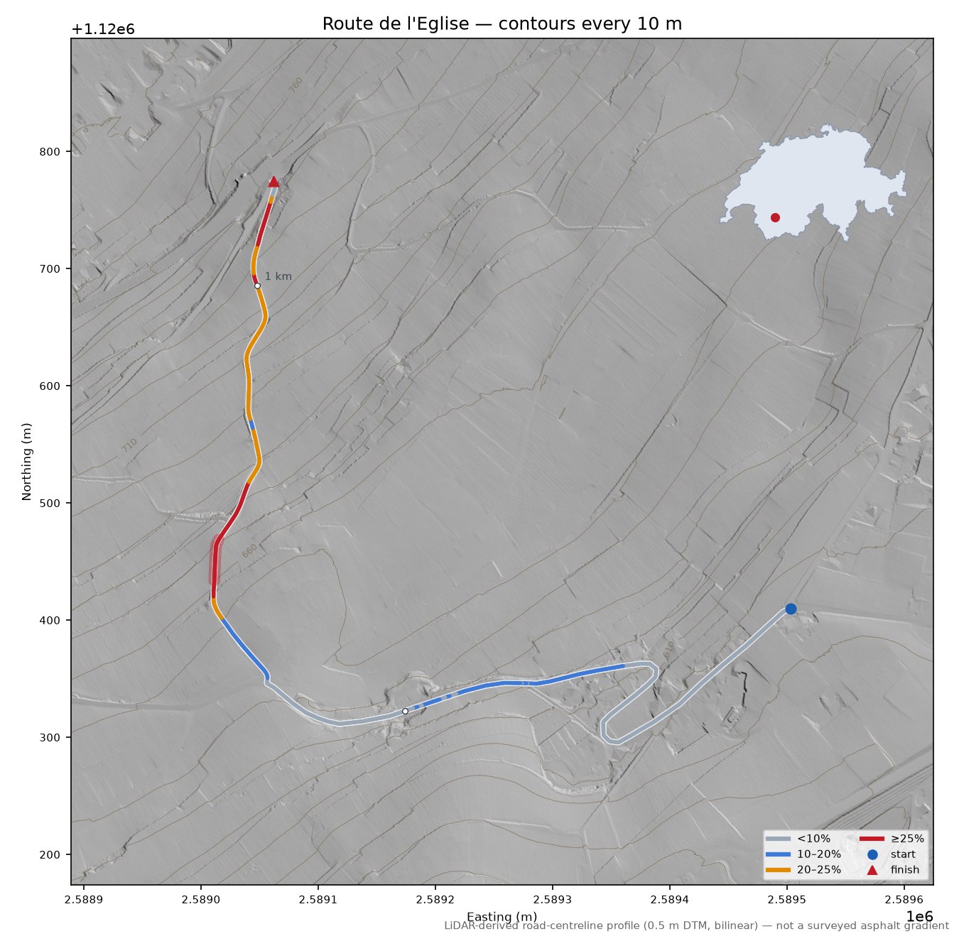Route de l'Eglise LiDAR hillshade map with contours