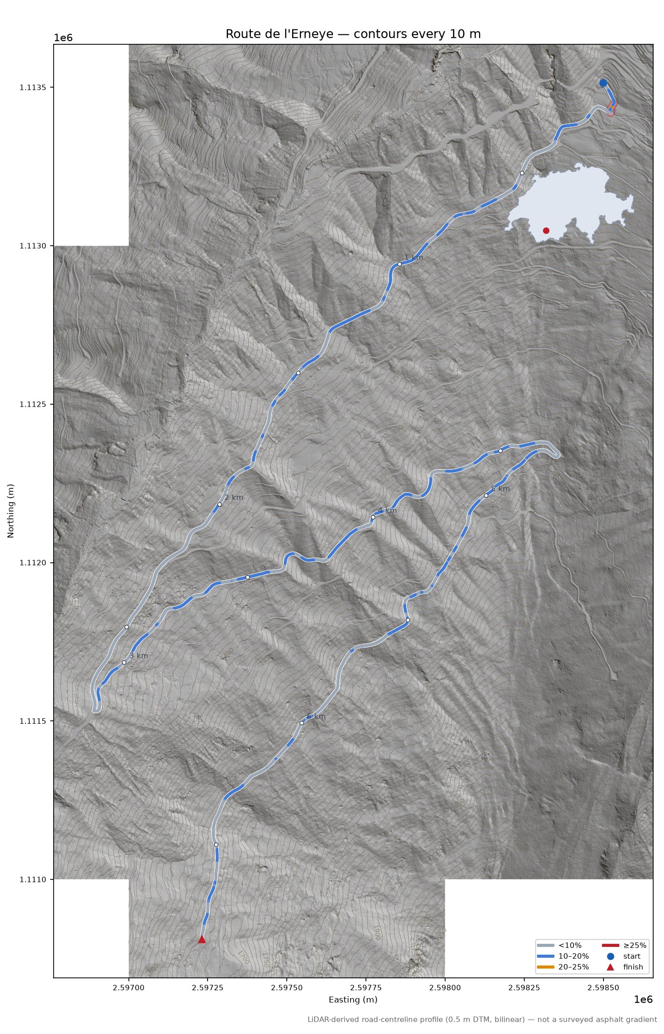 Route de l'Erneye LiDAR hillshade map with contours