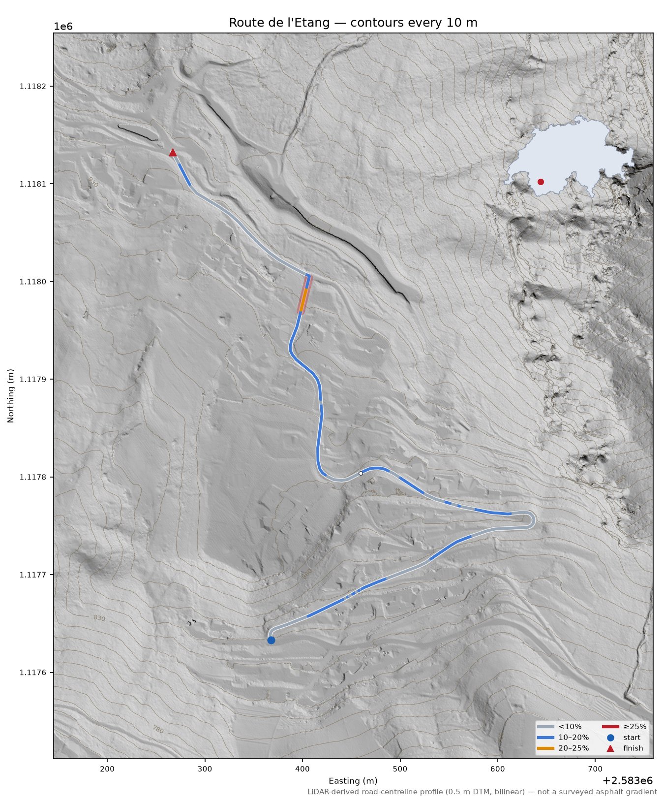 Route de l'Etang LiDAR hillshade map with contours