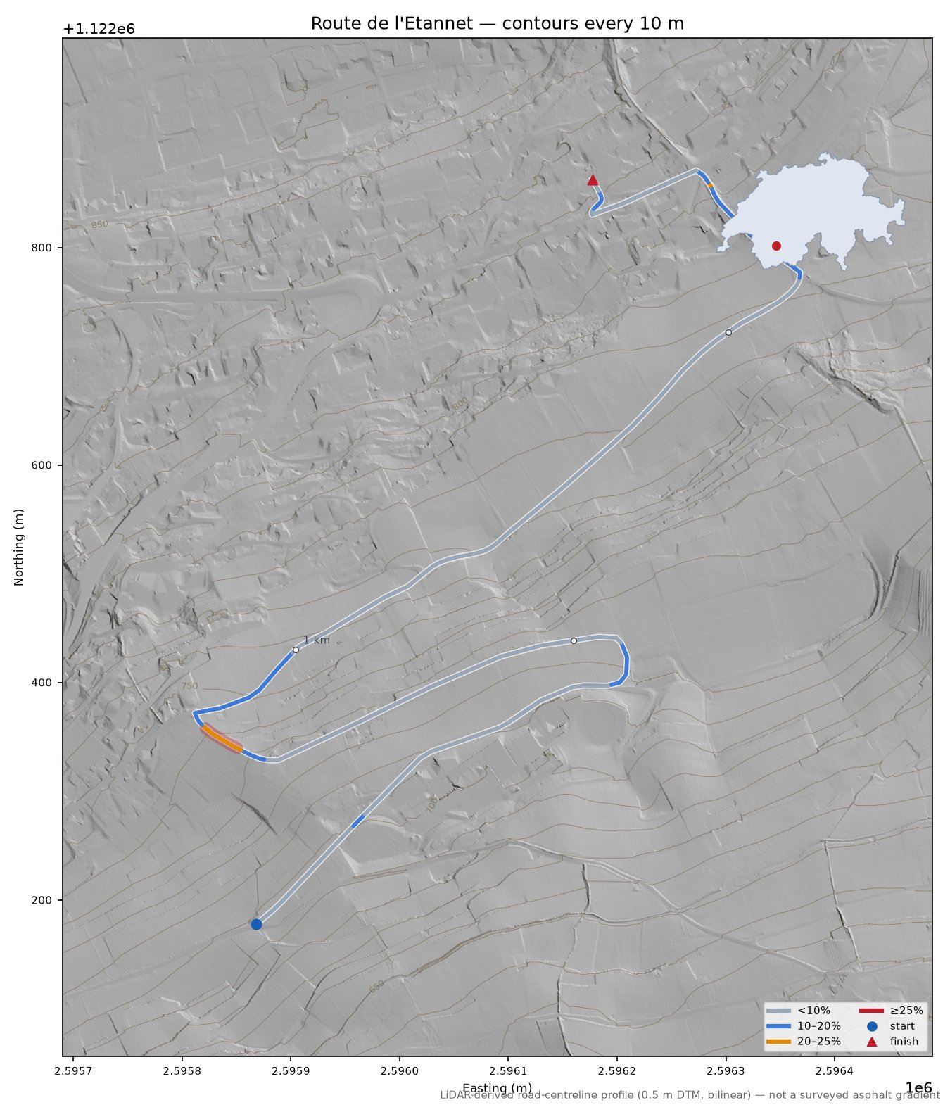 Route de l'Etannet LiDAR hillshade map with contours