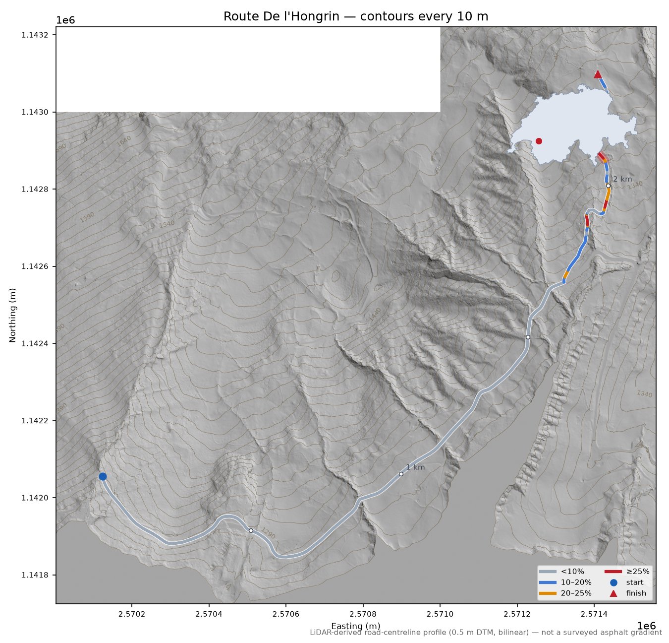 Route De l'Hongrin LiDAR hillshade map with contours