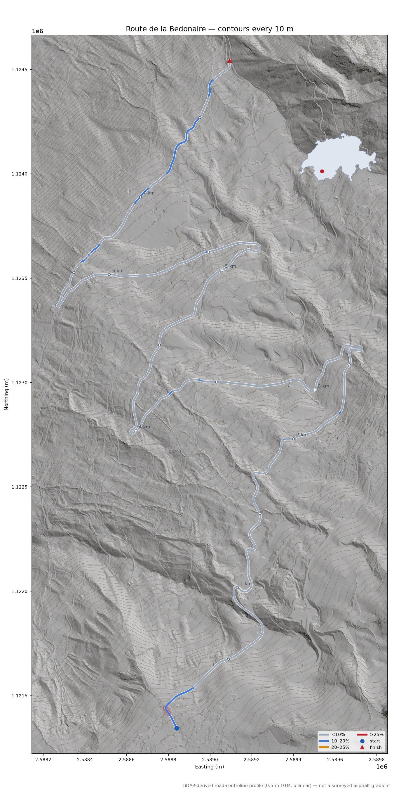 Route de la Bedonaire LiDAR hillshade map with contours