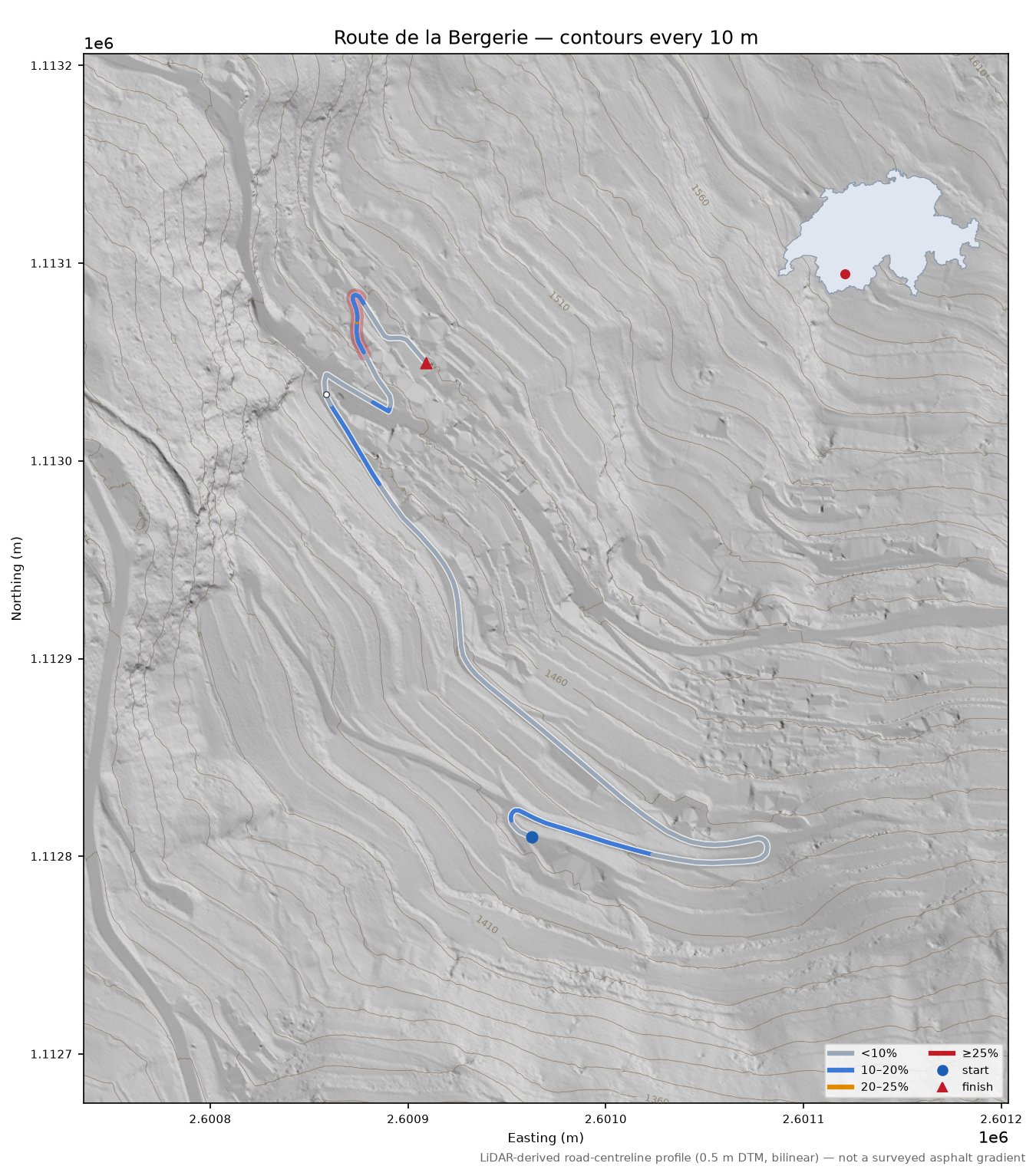Route de la Bergerie LiDAR hillshade map with contours
