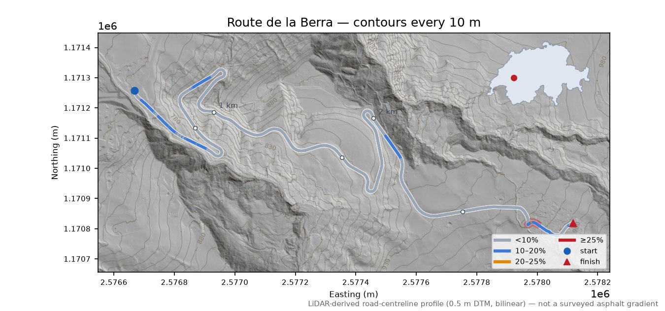Route de la Berra LiDAR hillshade map with contours