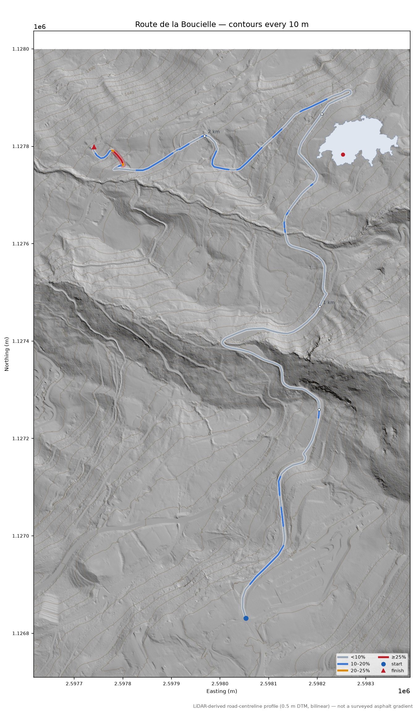 Route de la Boucielle LiDAR hillshade map with contours