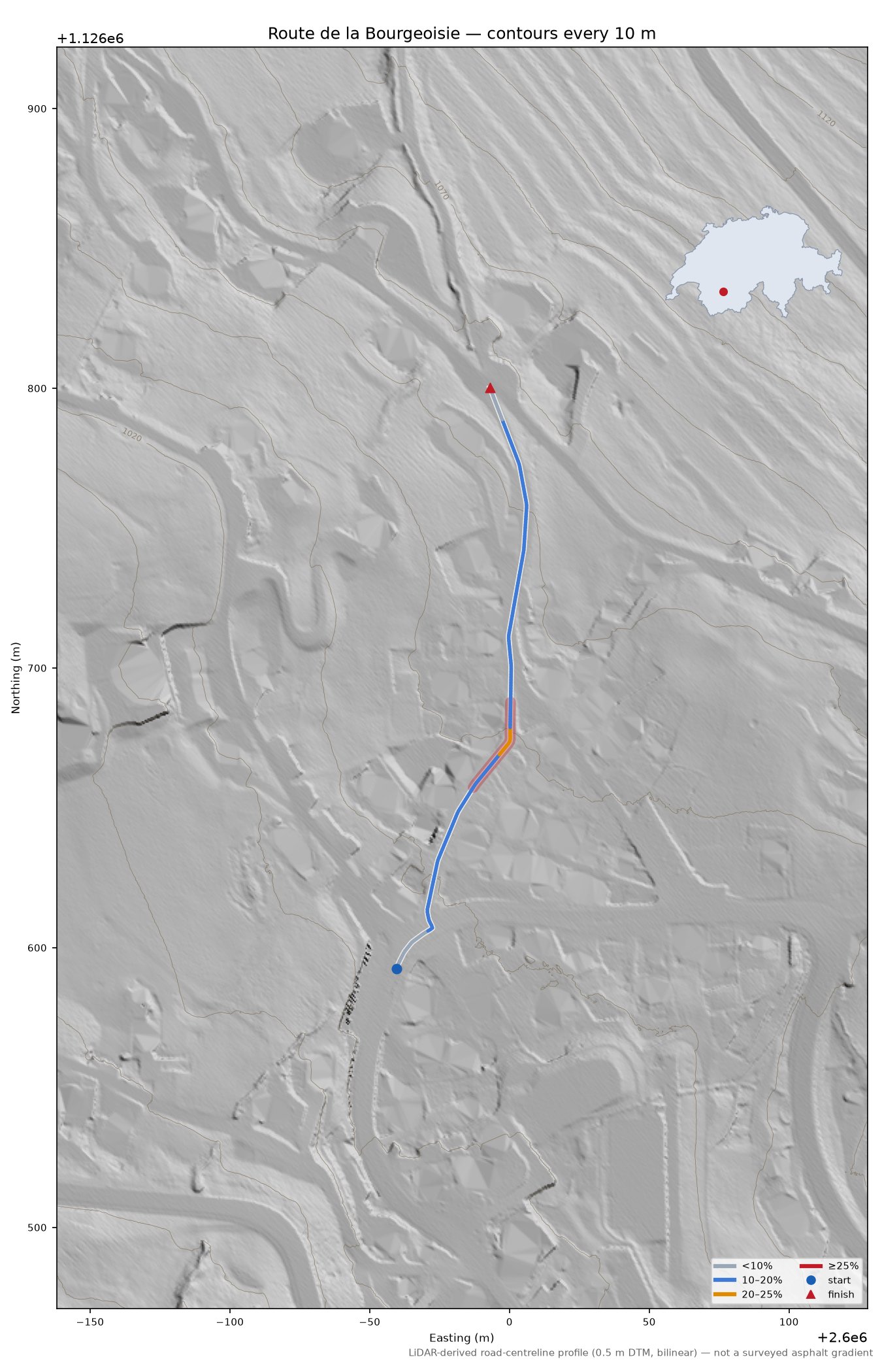 Route de la Bourgeoisie LiDAR hillshade map with contours