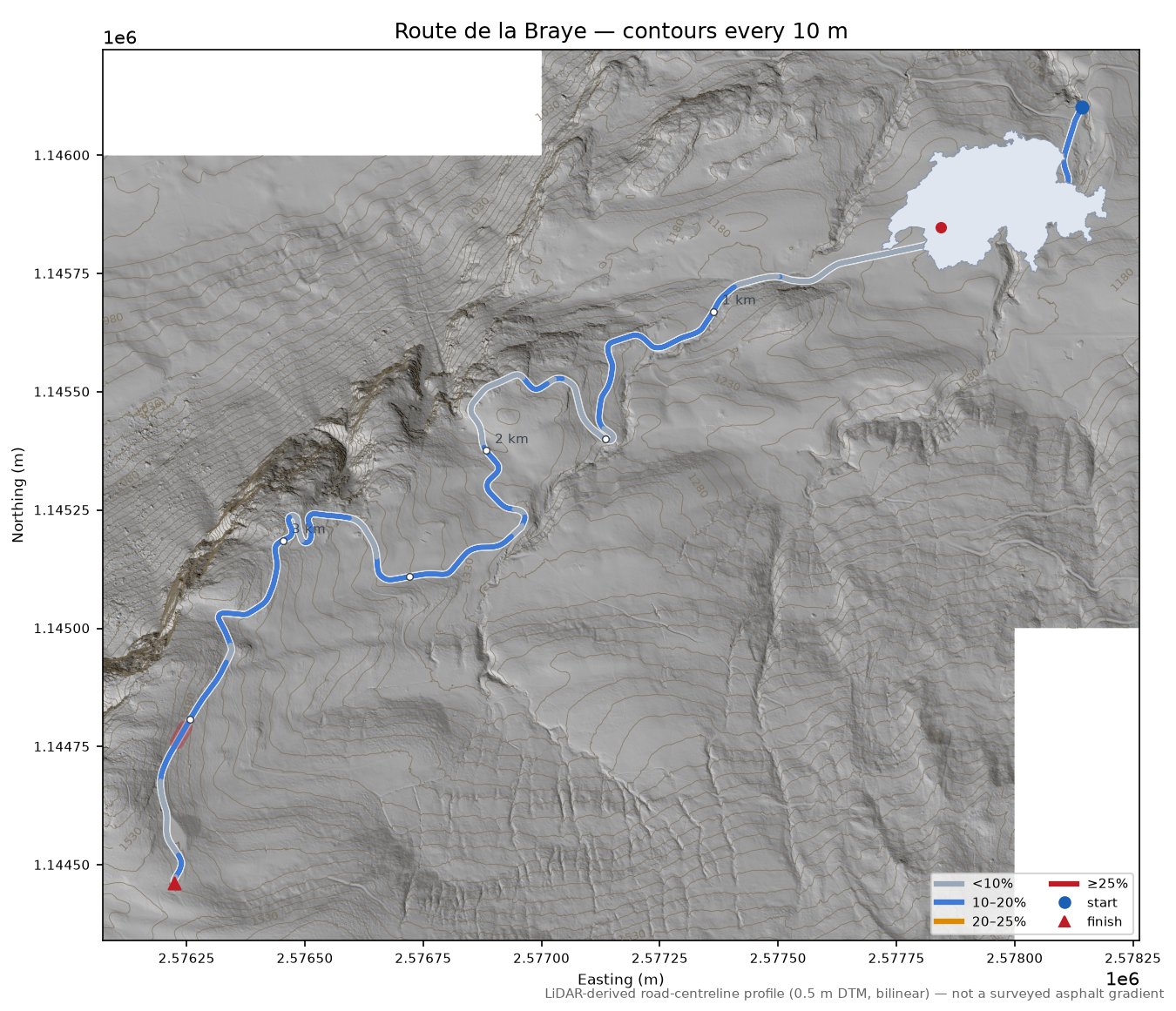 Route de la Braye LiDAR hillshade map with contours