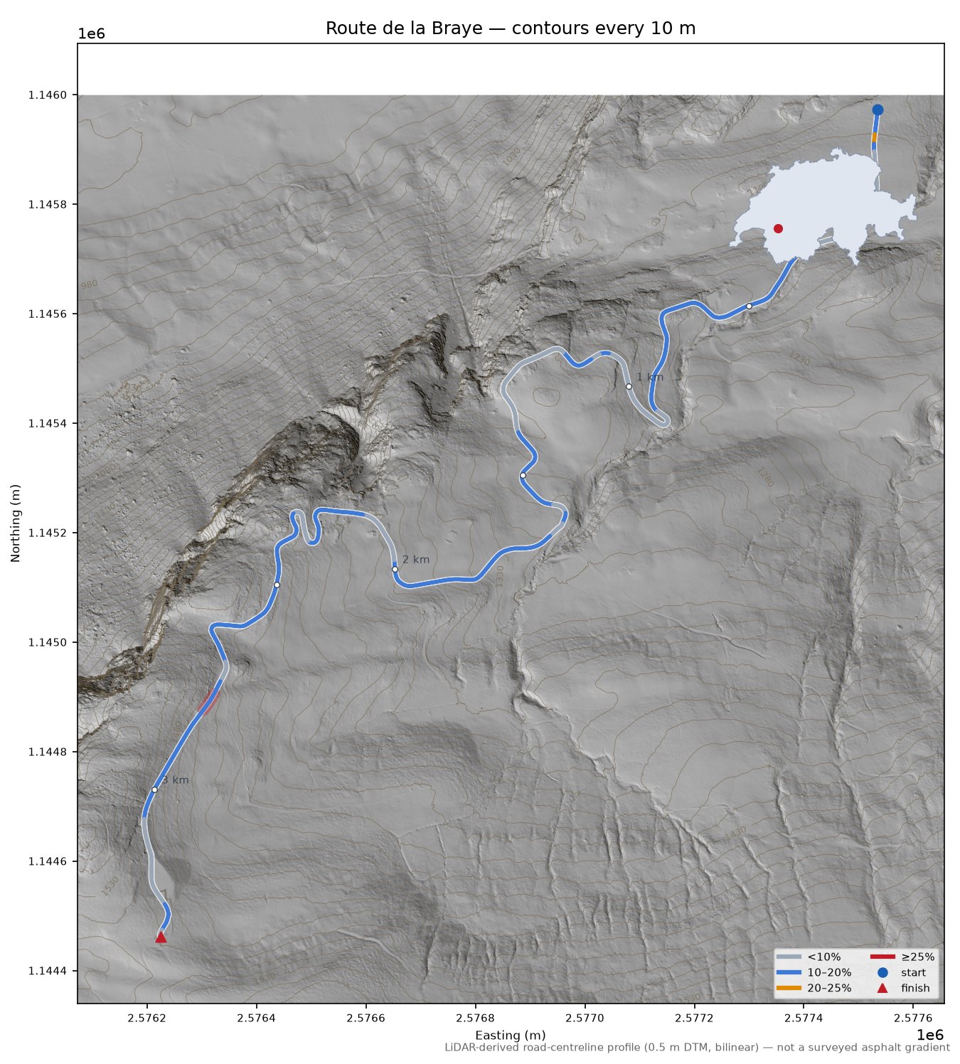 Route de la Braye LiDAR hillshade map with contours