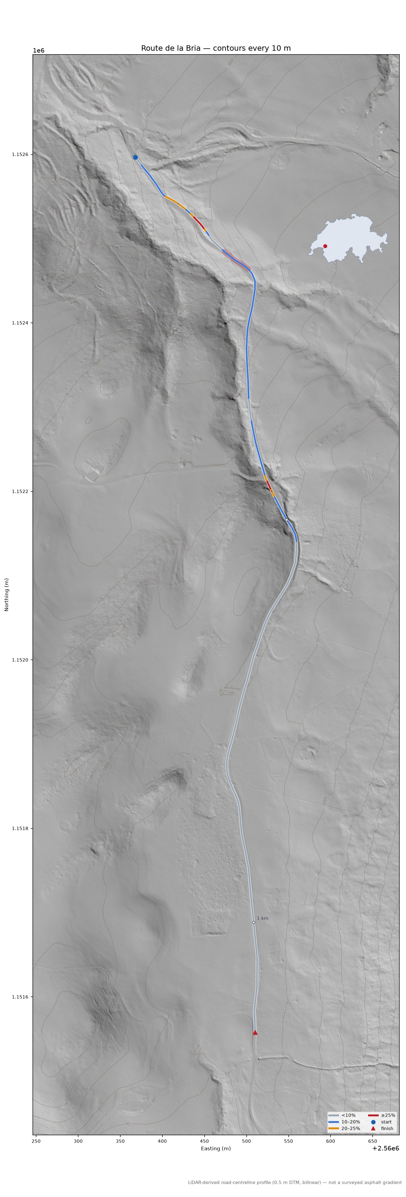 Route de la Bria LiDAR hillshade map with contours