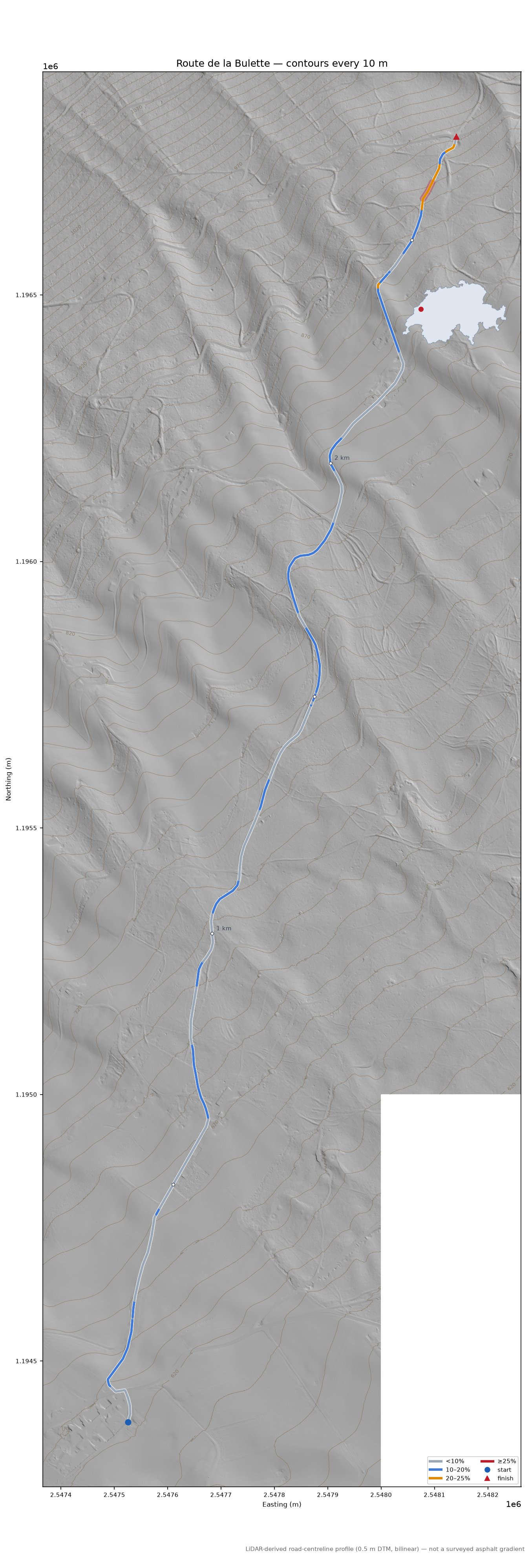 Route de la Bulette LiDAR hillshade map with contours