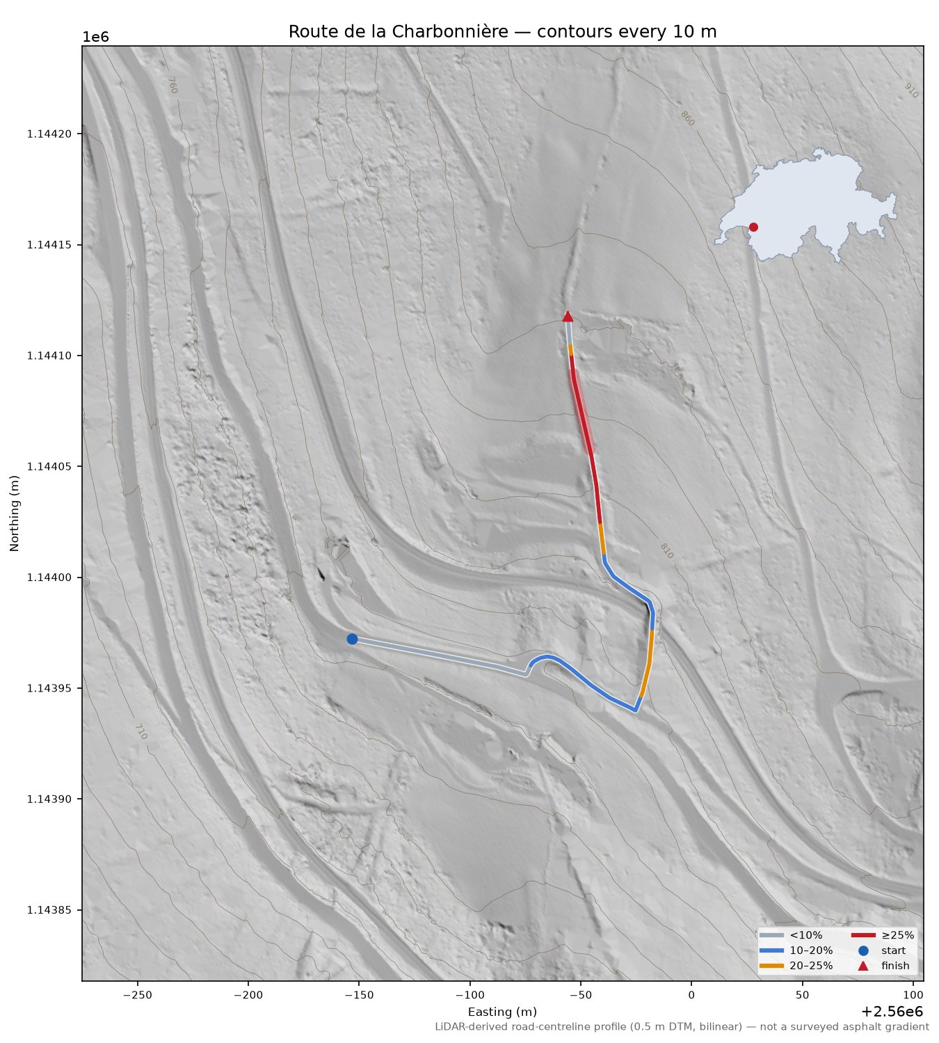 Route de la Charbonnière LiDAR hillshade map with contours