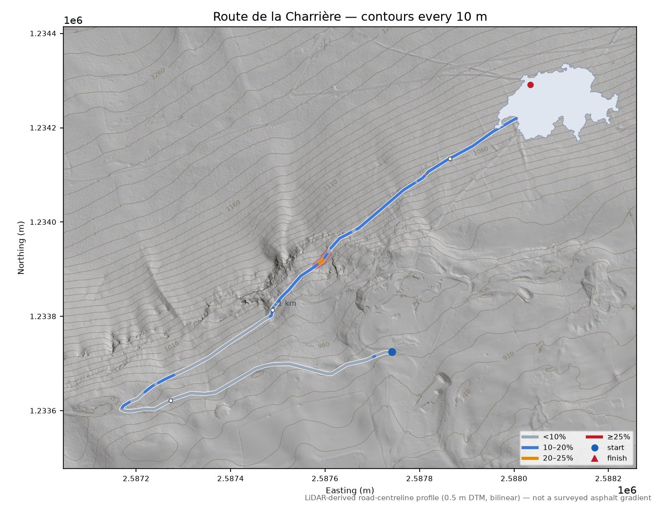 Route de la Charrière LiDAR hillshade map with contours