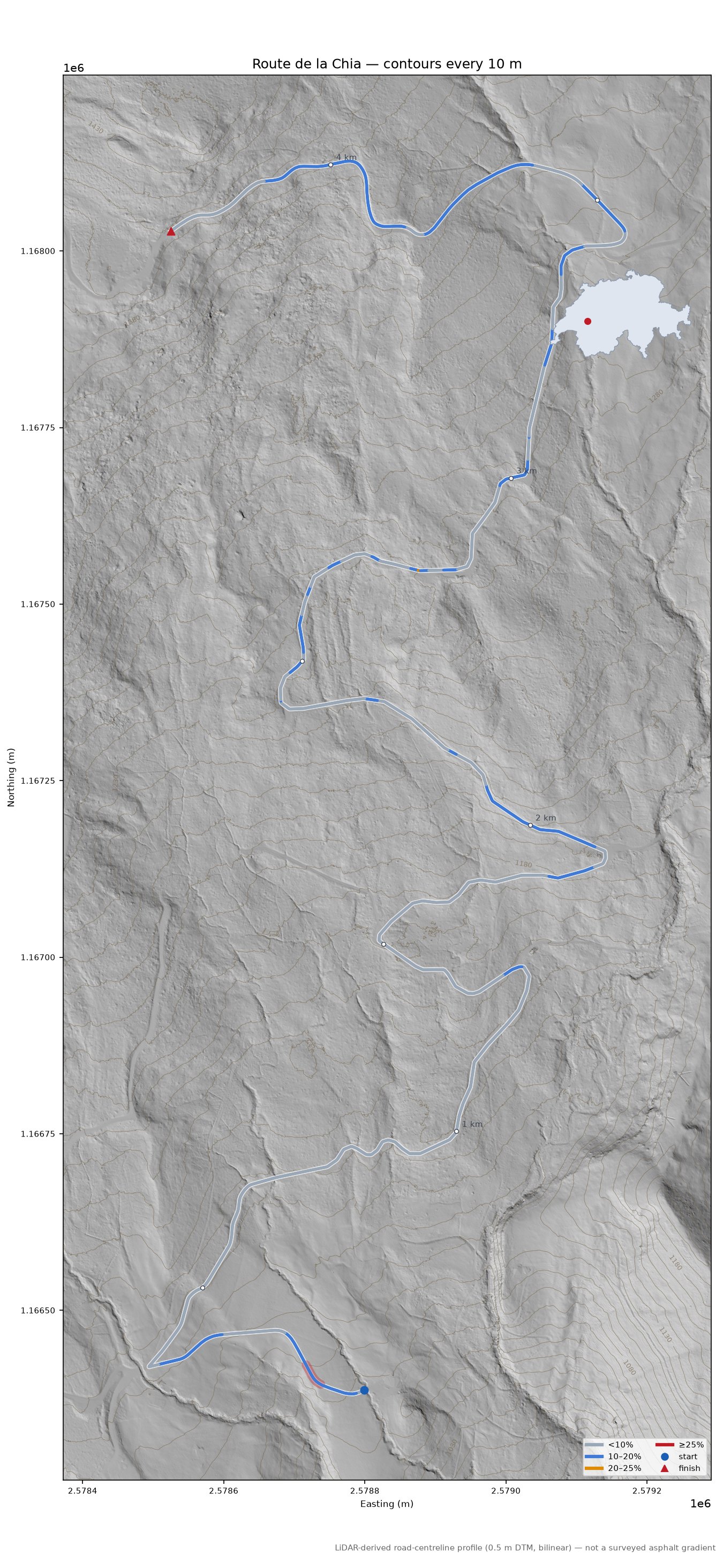 Route de la Chia LiDAR hillshade map with contours