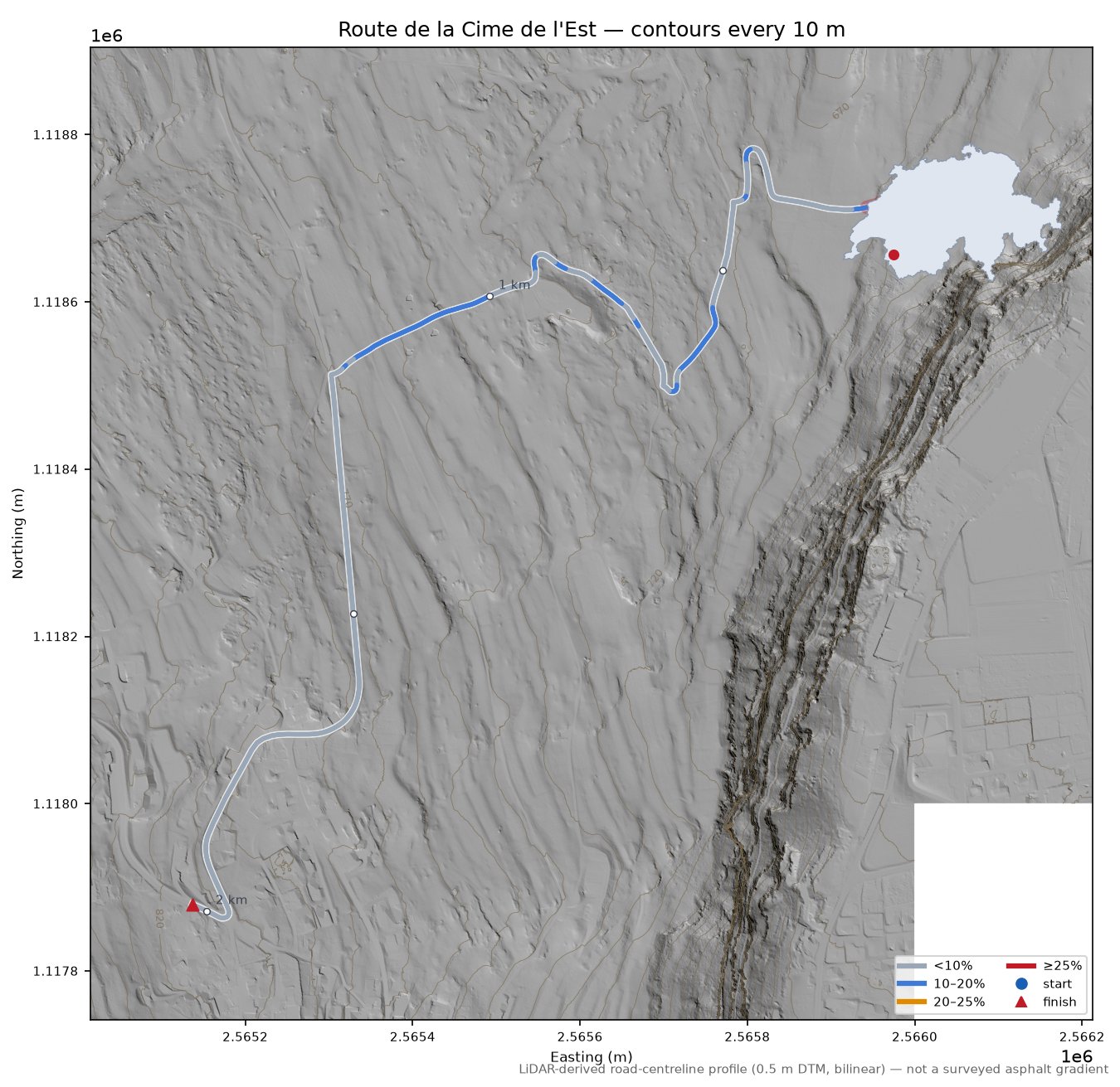 Route de la Cime de l'Est LiDAR hillshade map with contours
