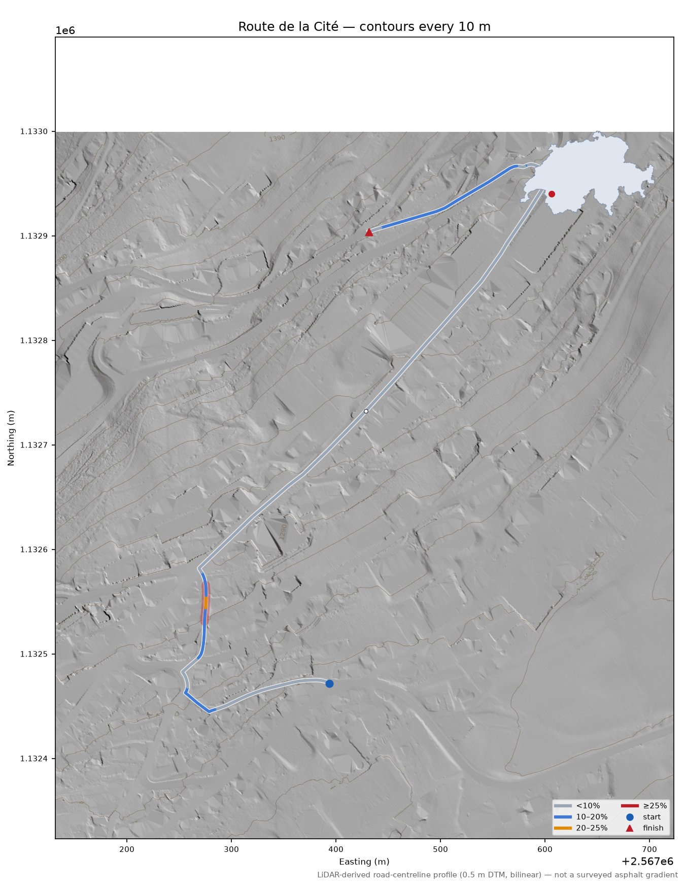 Route de la Cité LiDAR hillshade map with contours