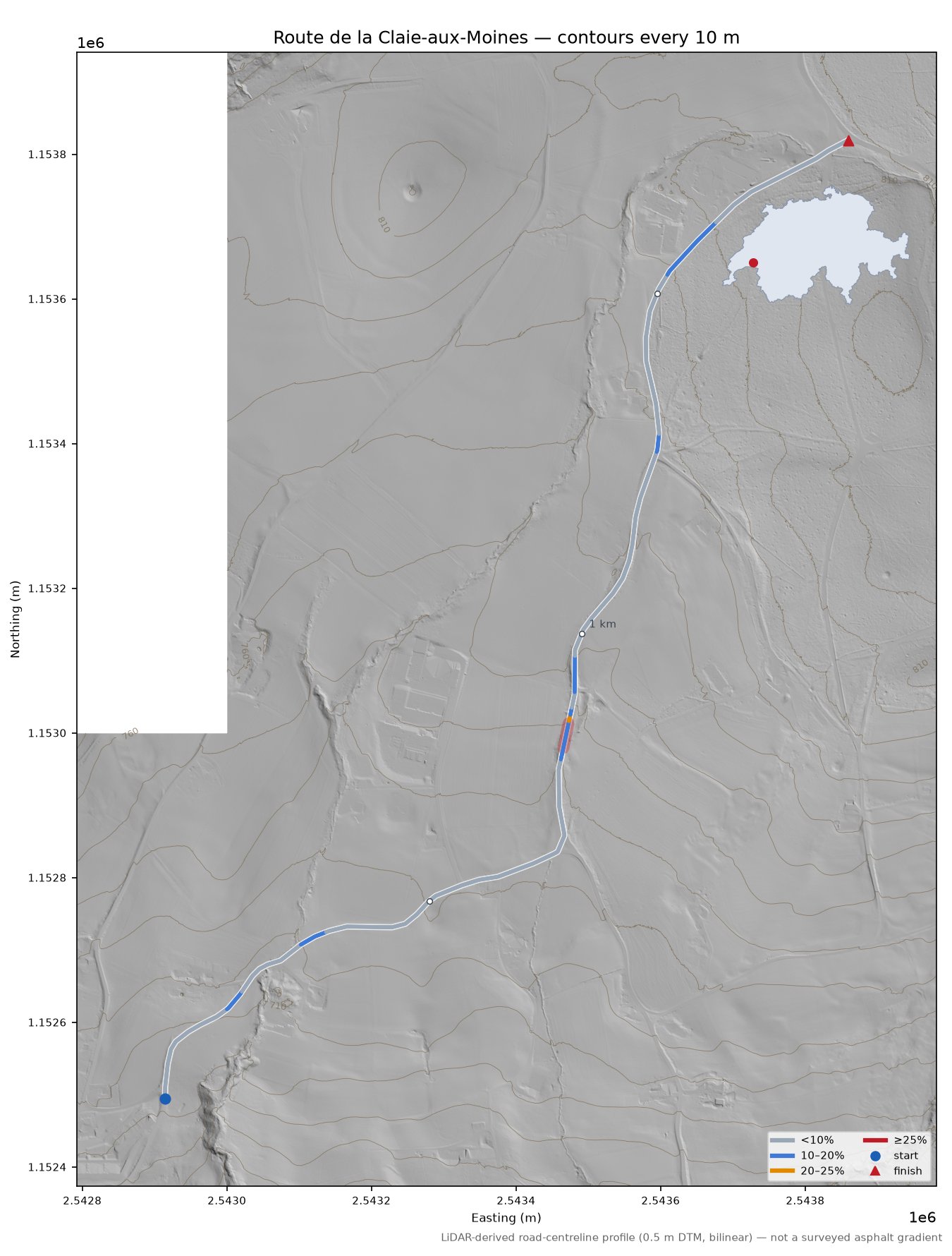 Route de la Claie-aux-Moines LiDAR hillshade map with contours