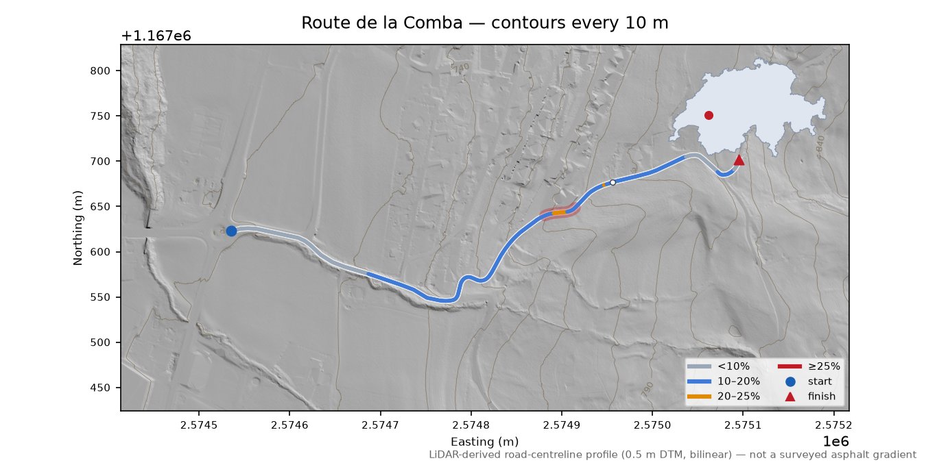 Route de la Comba LiDAR hillshade map with contours