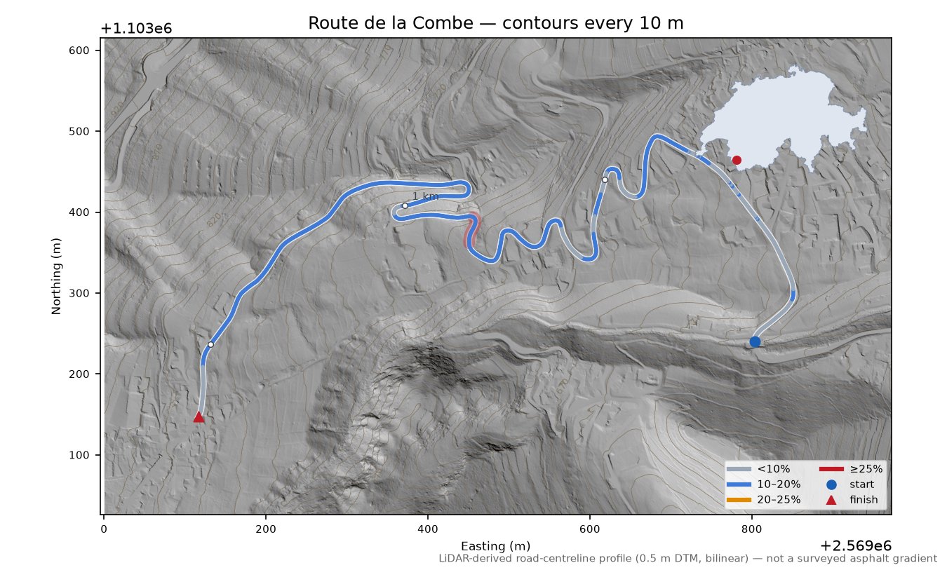 Route de la Combe LiDAR hillshade map with contours