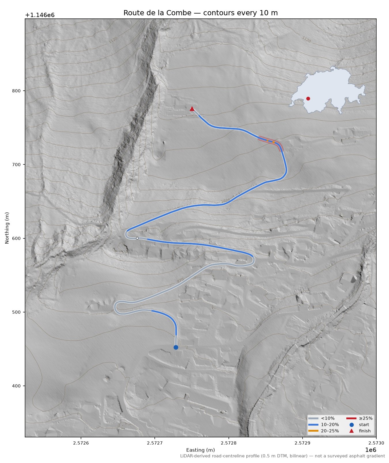 Route de la Combe LiDAR hillshade map with contours