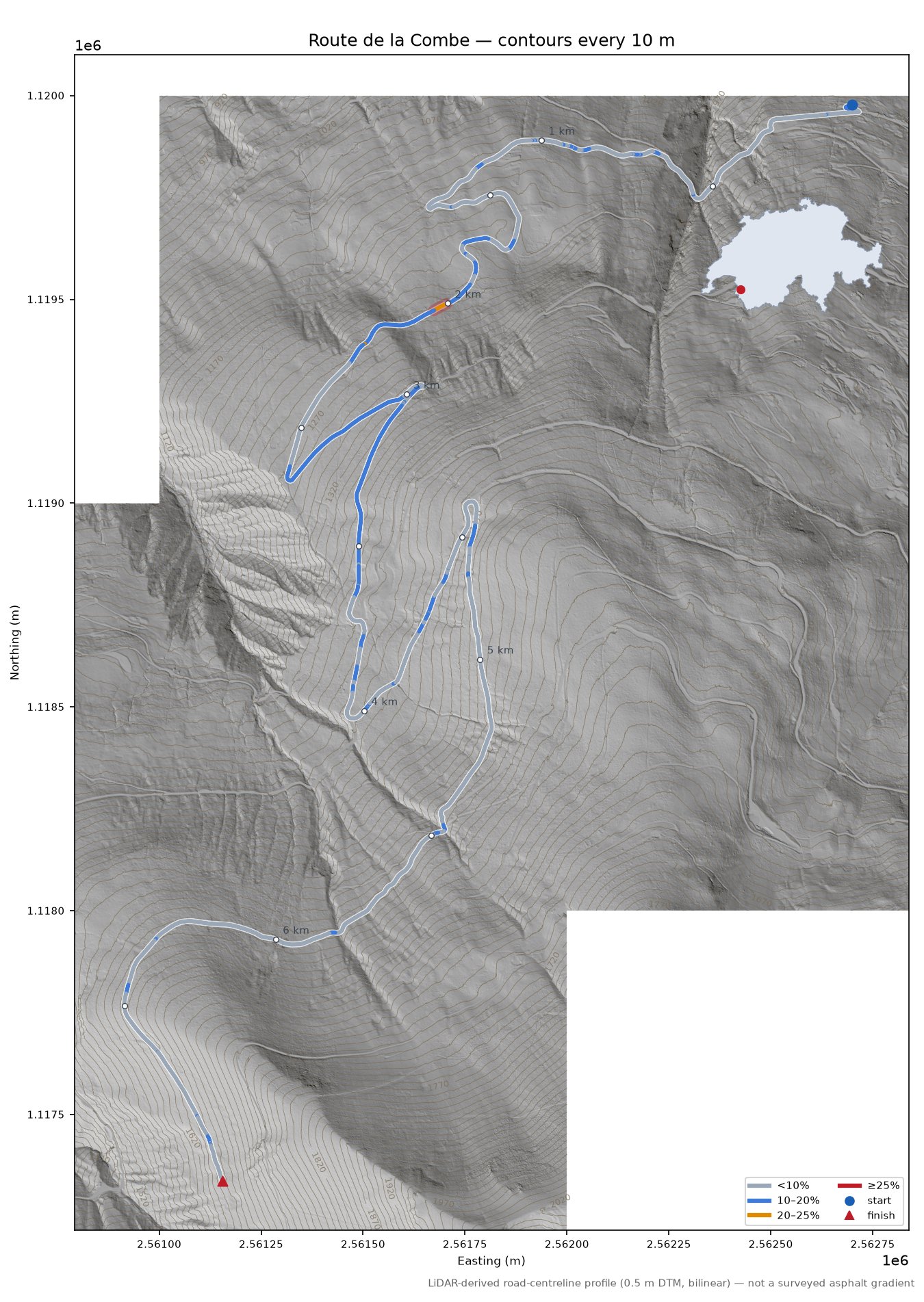 Route de la Combe LiDAR hillshade map with contours