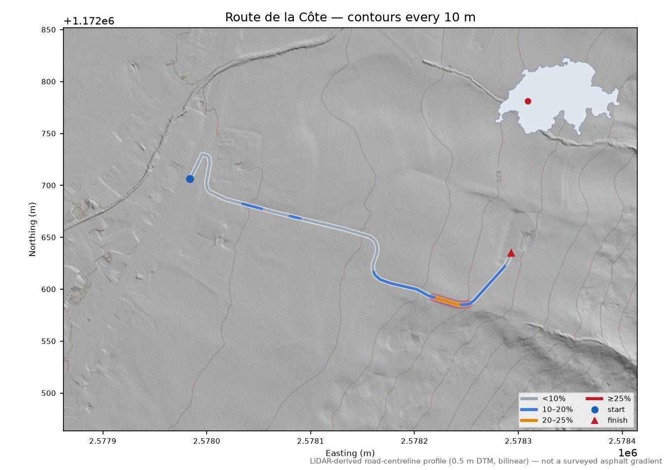 Route de la Côte LiDAR hillshade map with contours