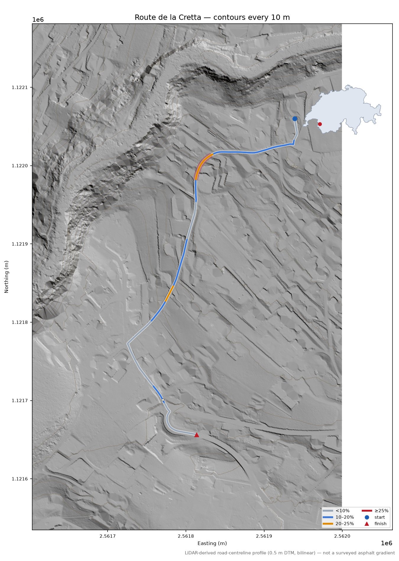 Route de la Cretta LiDAR hillshade map with contours