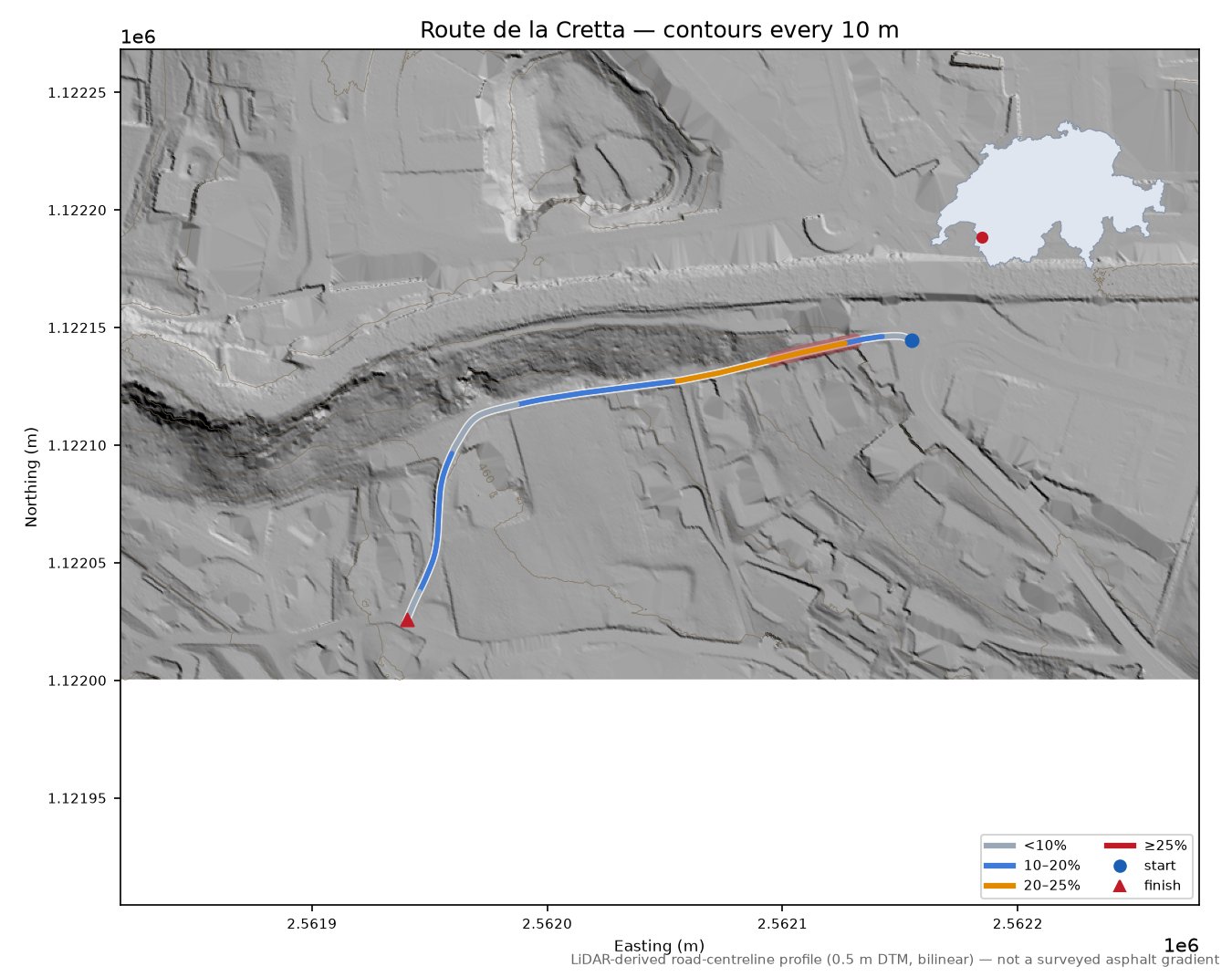 Route de la Cretta LiDAR hillshade map with contours