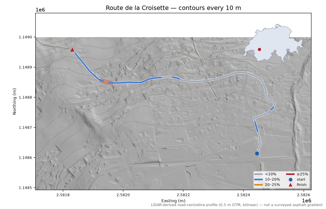Route de la Croisette LiDAR hillshade map with contours