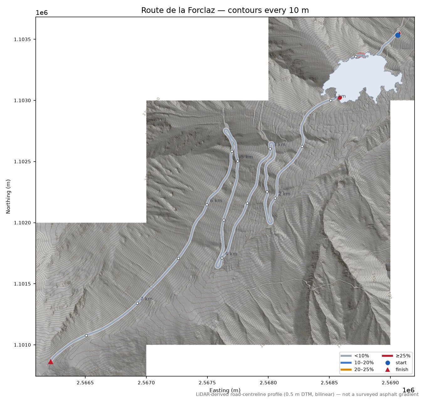 Route de la Forclaz LiDAR hillshade map with contours